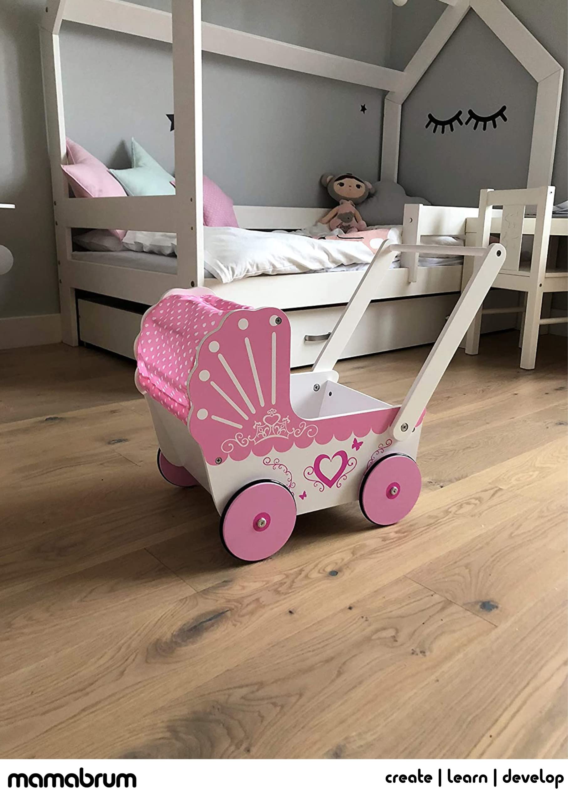 mamabrum-holzpuppenwagen-lauflernwagen-set-retro-rosa-47-x-26-5-x-40-cm image 3
