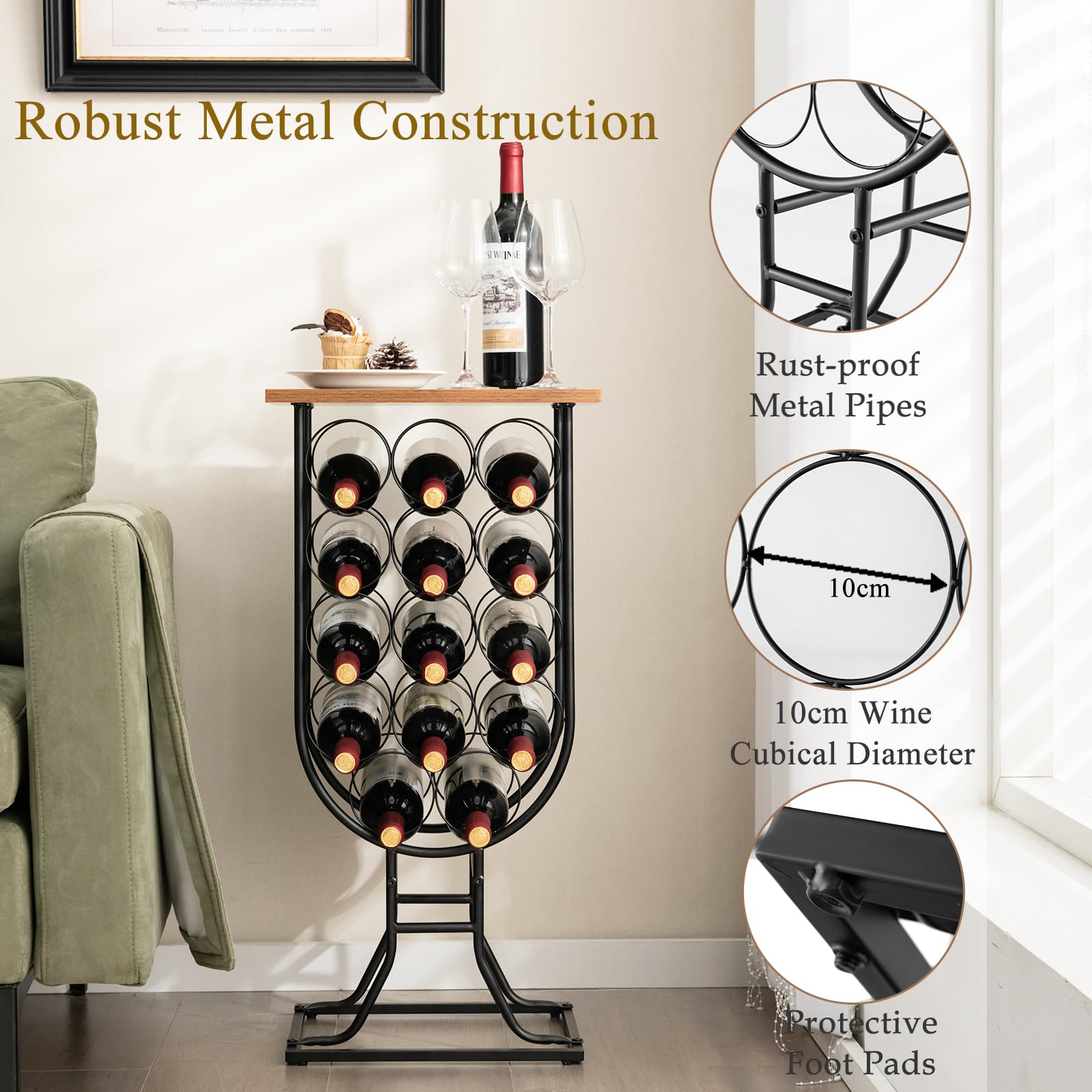 komfotteu-weinregal-mit-rollen-f-r-14-flaschen-metall-mit-holzplatte image 5