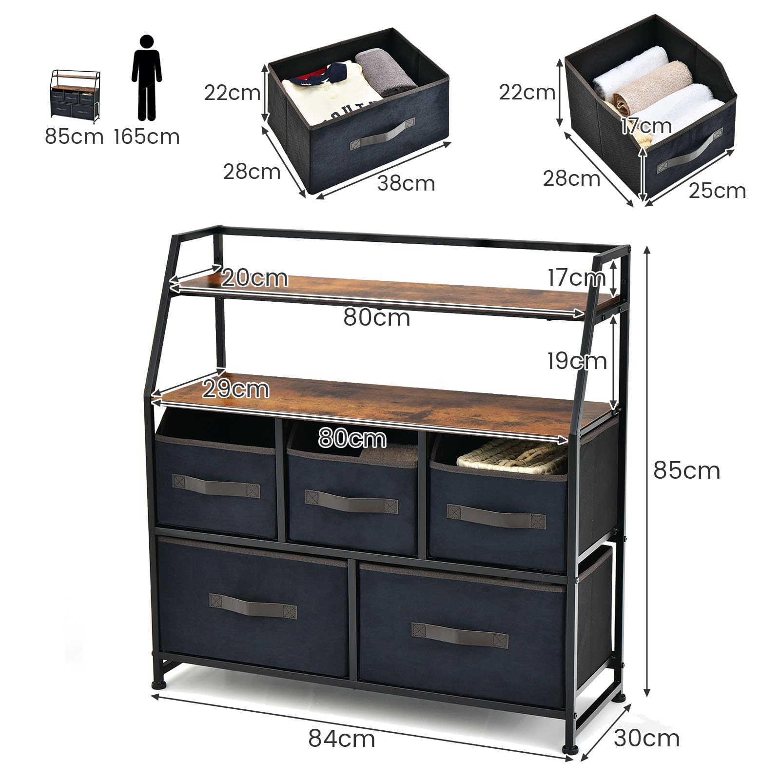 komfotteu-kommode-stoff-84x30x85-cm-mit-4-schubladen-und-2-regalen image 3