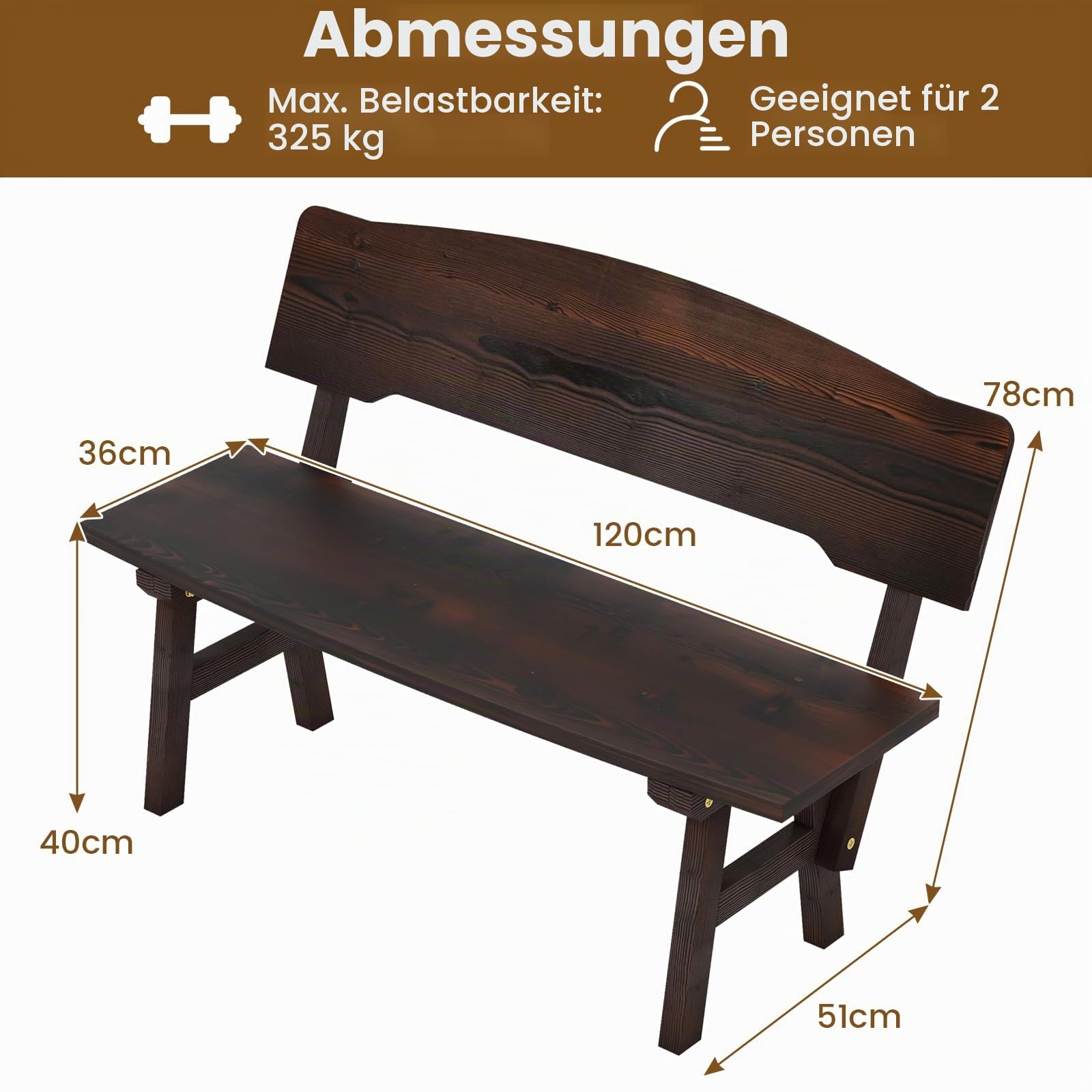 komfotteu-gartenbank-holz-wetterfest-parkbank-fichte-belastbar-bis-325-kg image 3