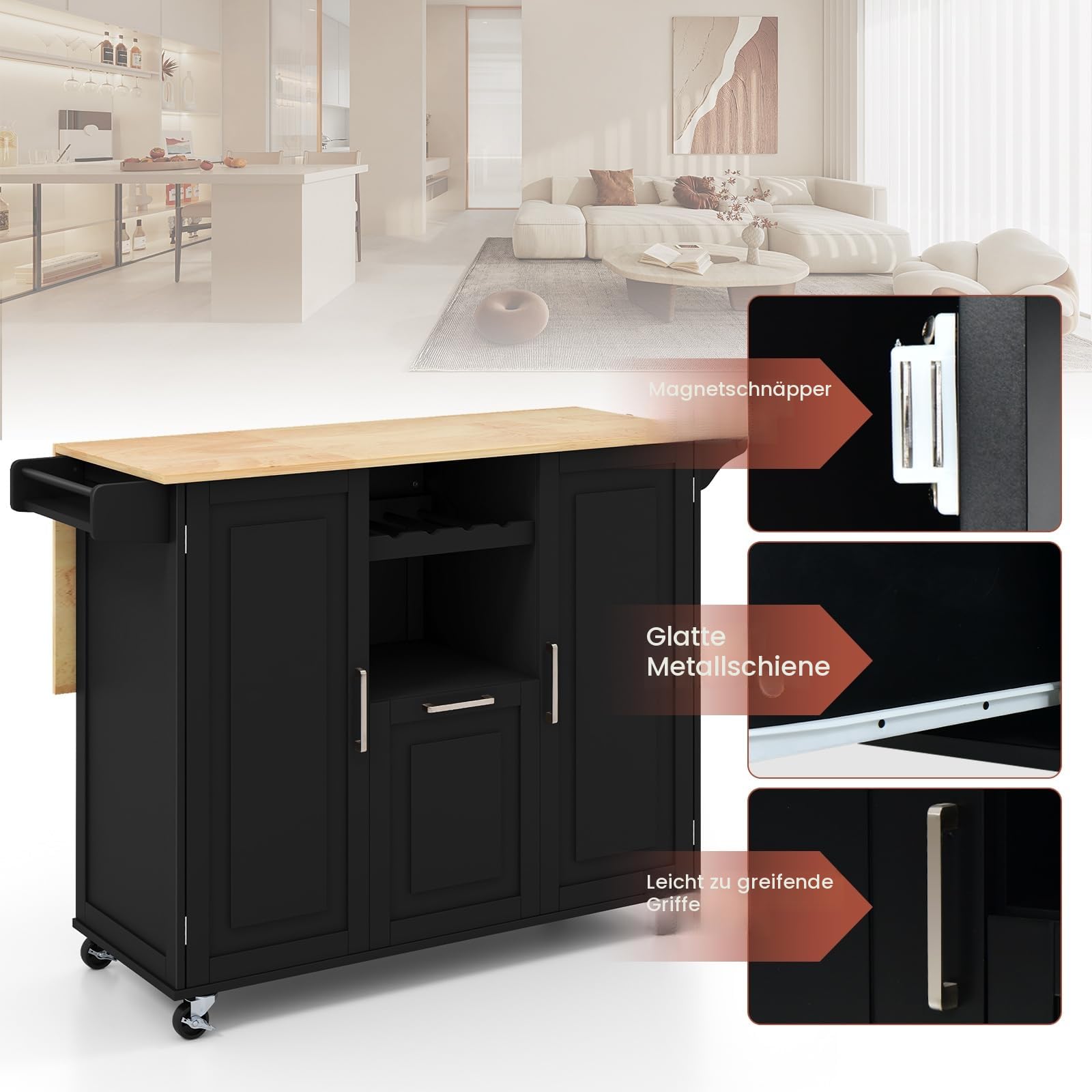 komfotteu-mobile-k-cheninsel-130x45x90cm-schwarz-mit-rollen-und-klapptisch image 5