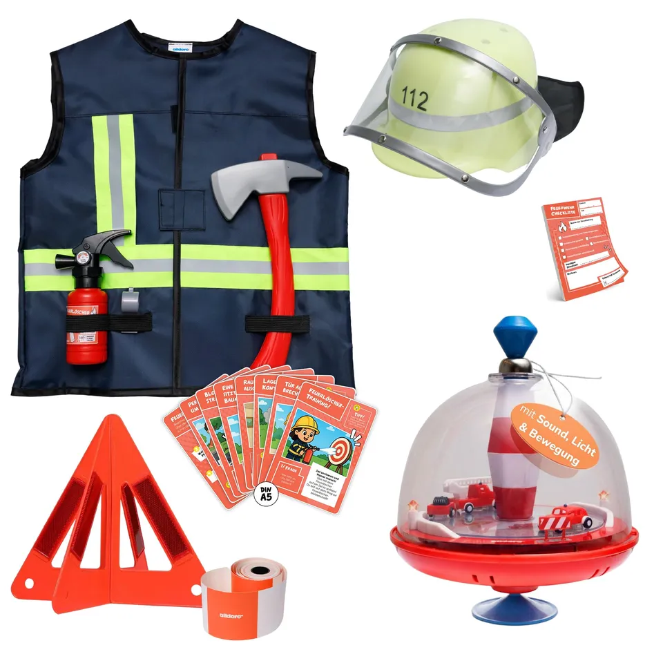 alldoro-feuerwehr-spielset-2-in-1-brummkreisel-rollenspielset-9-tlg image 1