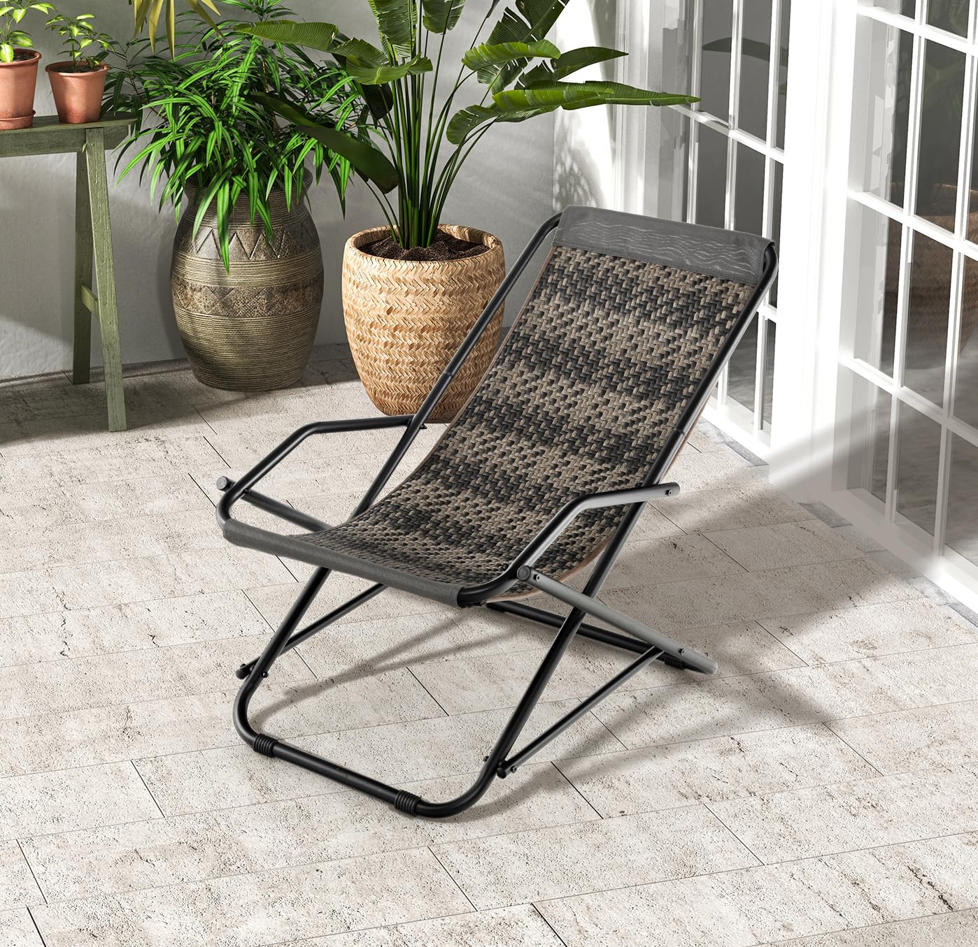 komfotteu-klappbare-rattan-strand-schaukelliege-106-x-65-x-79-cm-grau image 2