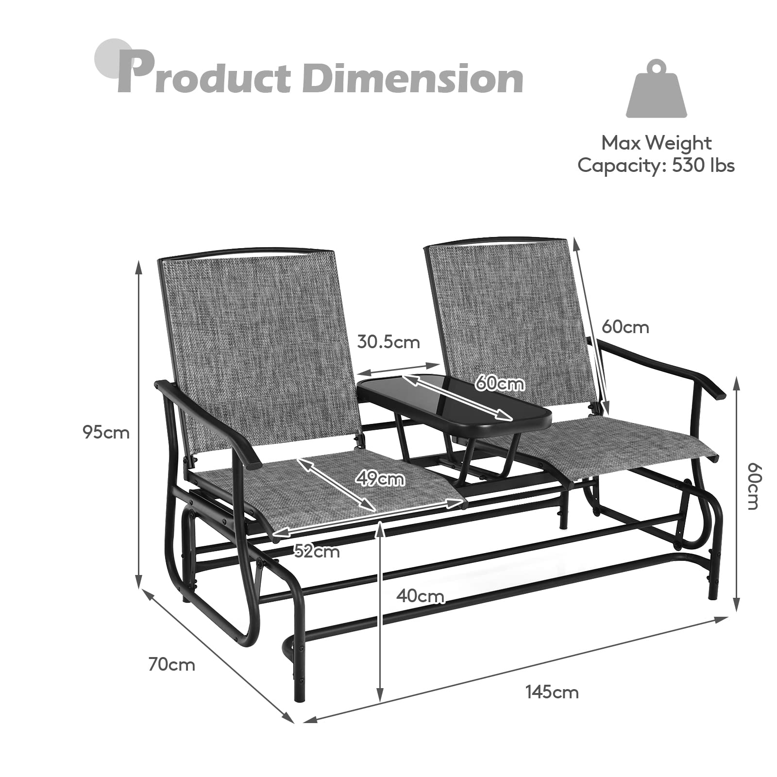 komfotteu-schaukelbank-2-sitzer-mit-tisch-grau-gartenschaukel-bis-240-kg image 3