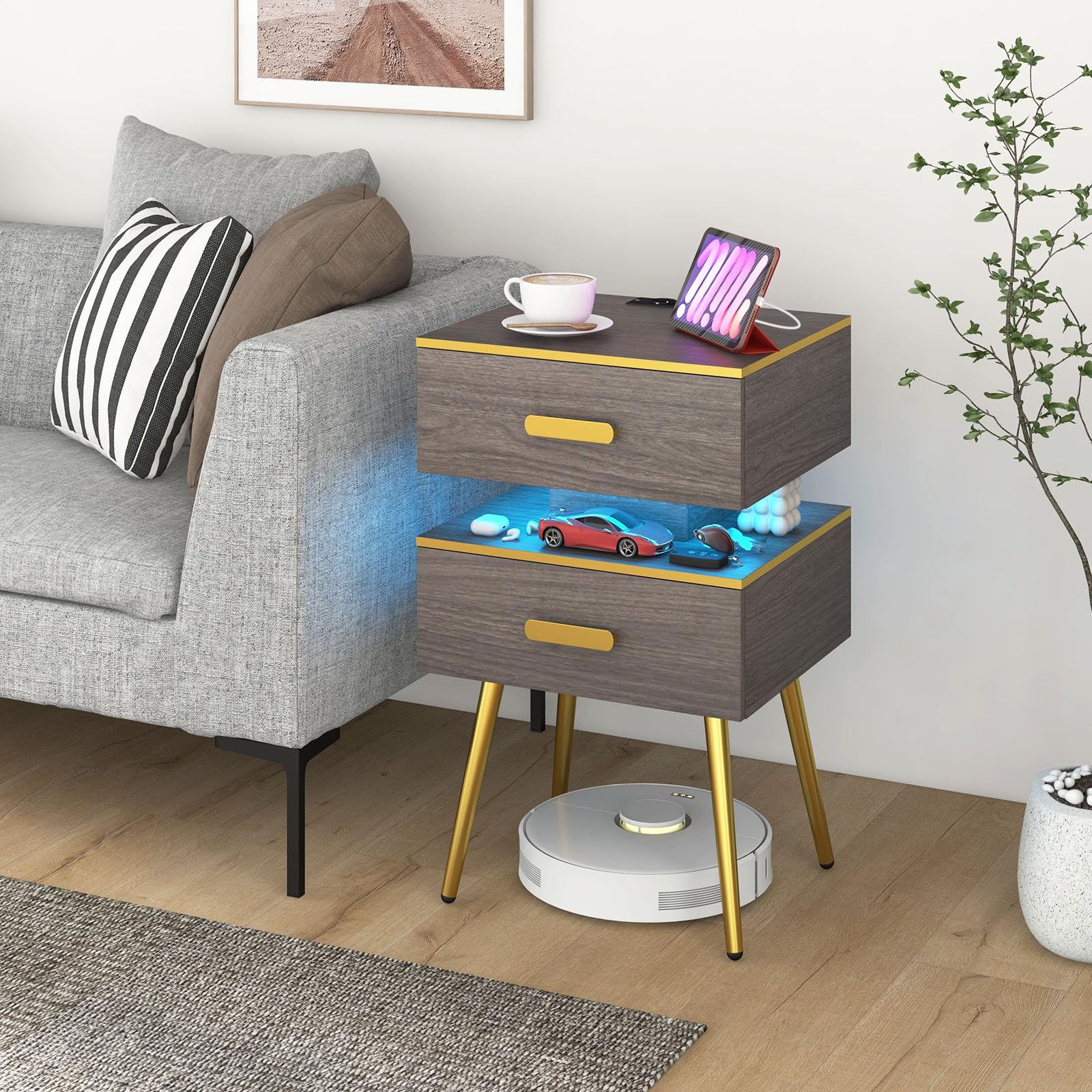 komfotteu-nachttisch-mit-ladestation-und-led-44x38x72-cm-2-schubladen-holz image 2