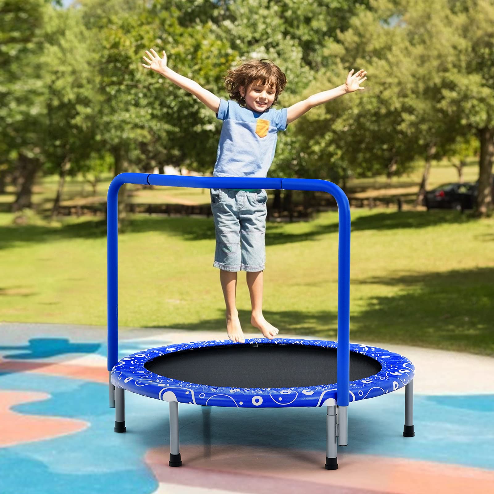 komfotteu-kinder-mini-trampolin-92cm-faltbar-mit-haltegriff image 2