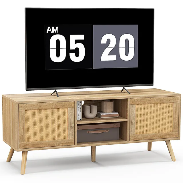 komfotteu-tv-bank-holz-120-cm-f-r-55-zoll-mit-rattan-schr-nken-natur image 1
