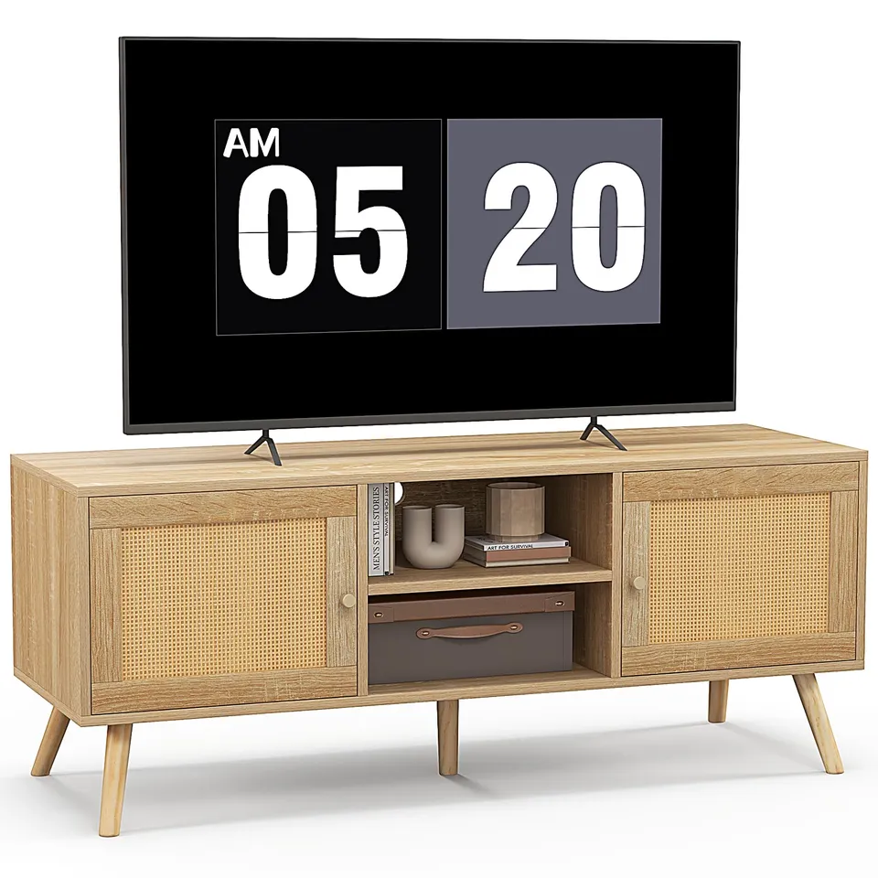 komfotteu-tv-bank-holz-120-cm-f-r-55-zoll-mit-rattan-schr-nken-natur image 1
