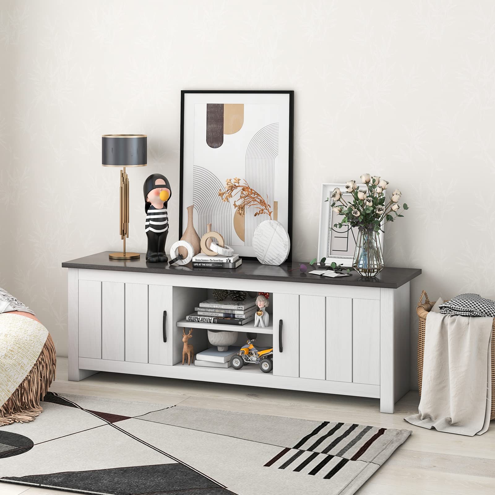 komfotteu-fernsehtisch-bis-65-zoll-mit-2-schr-nken-145x40x50cm-wei-braun image 2