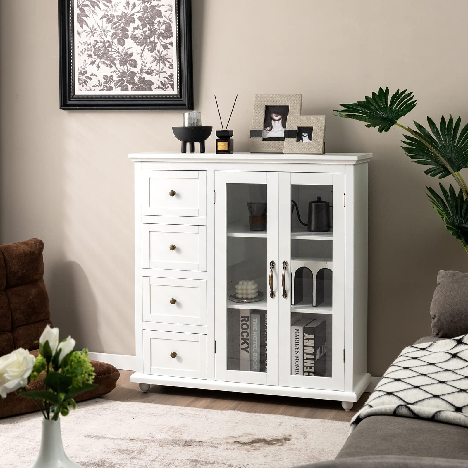 komfotteu-k-chenschrank-wei-91-5x30x94-5-cm-buffet-sideboard-mit-4-schubladen-gl image 2