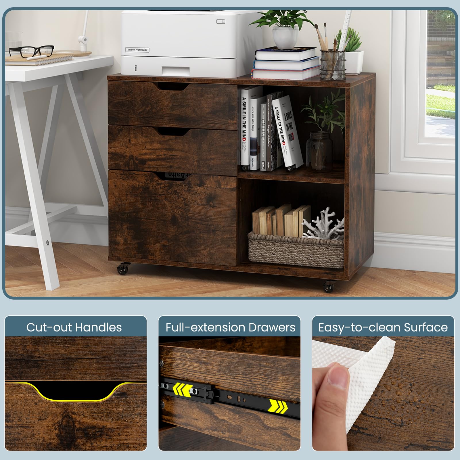 komfotteu-rollcontainer-3-schubladen-mit-regal-braun image 7