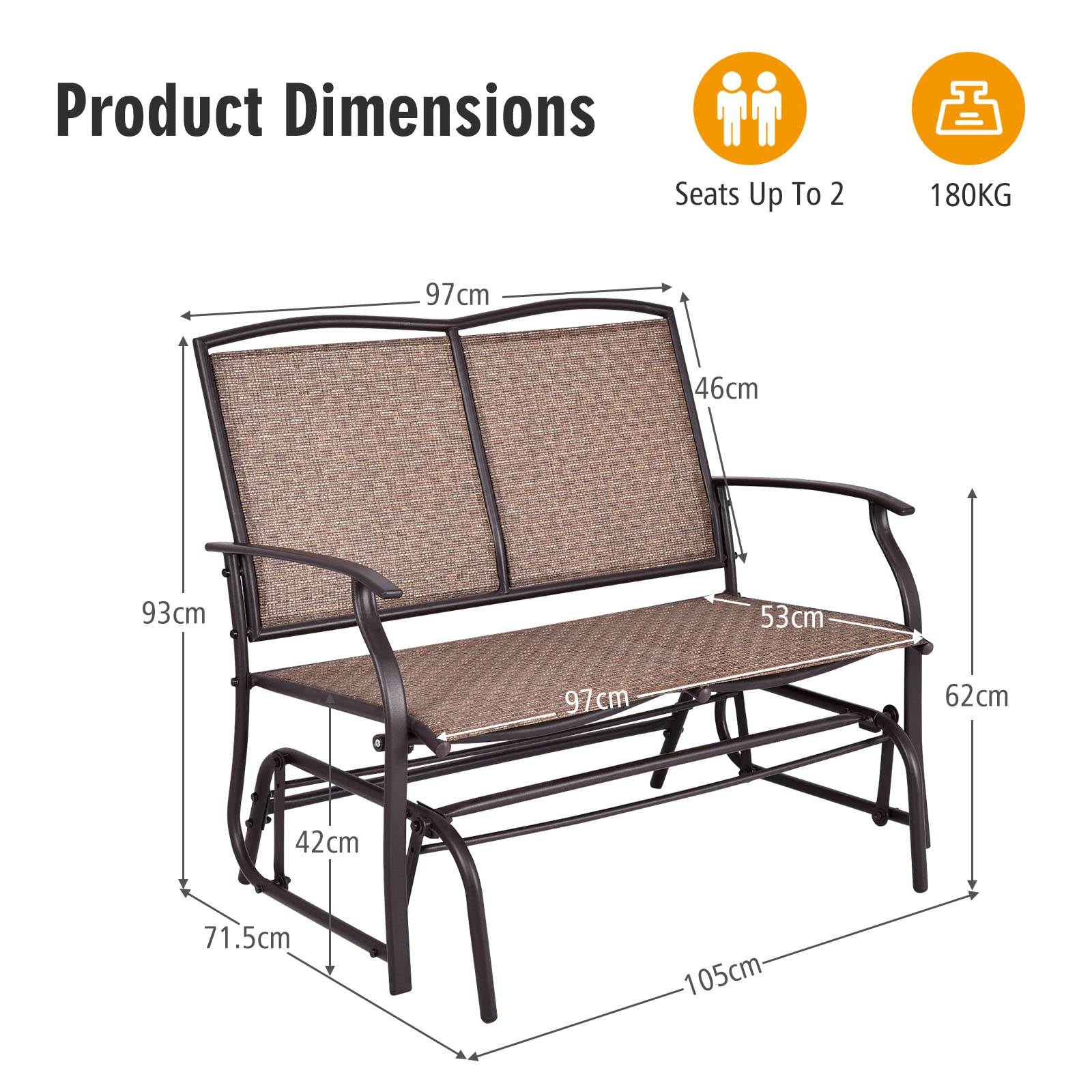 komfotteu-2-sitzer-schaukelbank-gartenbank-textilene-braun-105x71-5x93-cm-bis-18 image 3
