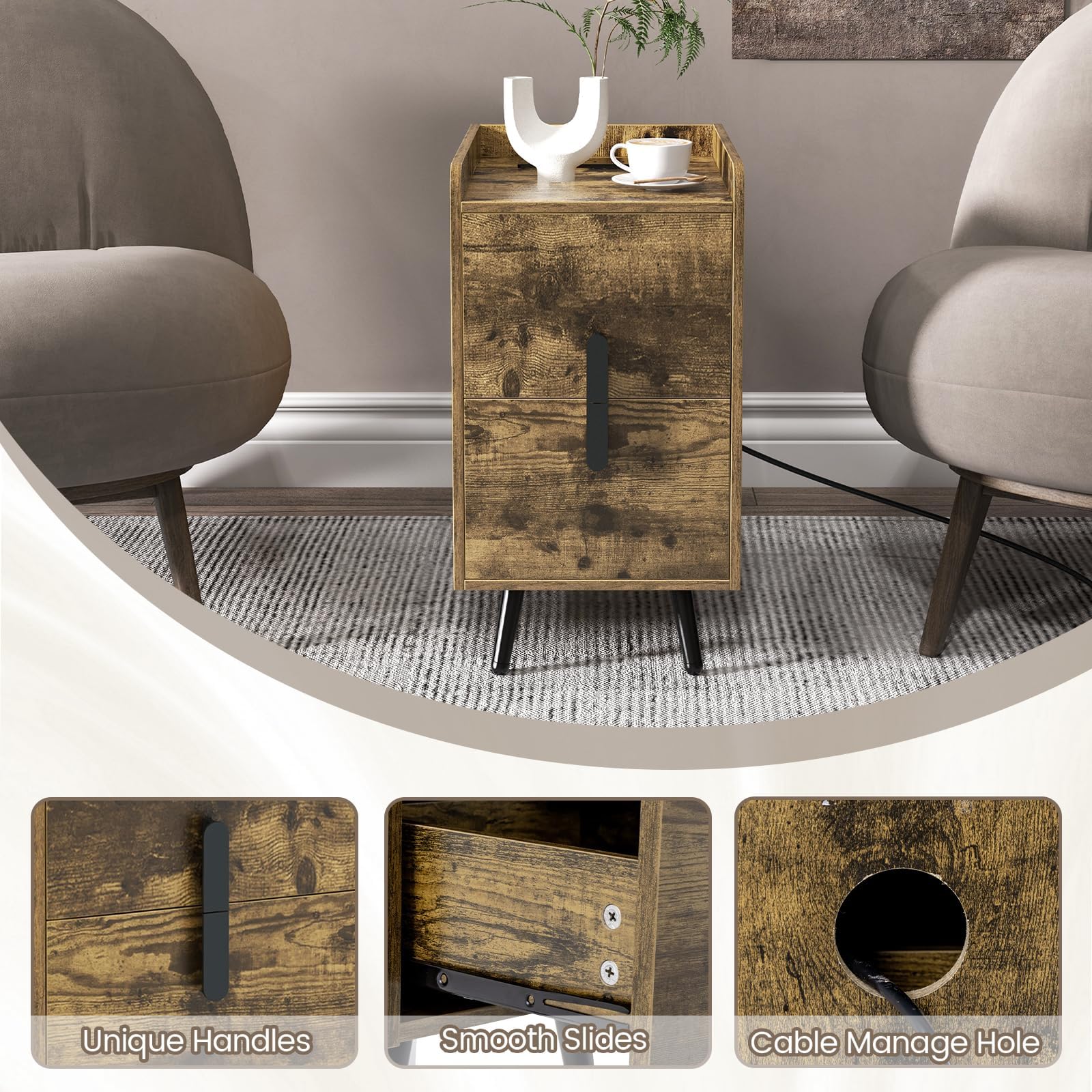 komfotteu-nachttisch-industrial-mit-ladestation-32x40x60-cm-2-schubladen image 6