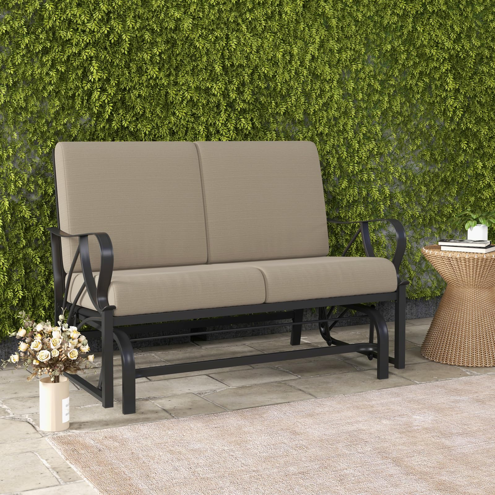 komfotteu-2-sitzer-schaukelstuhl-khaki-124-5x73x89-cm-gartenschaukel-mit-eisenra image 2