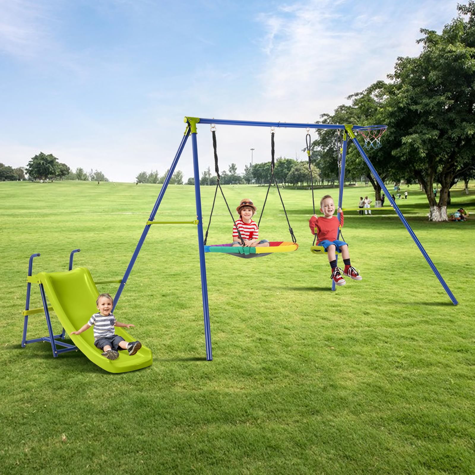komfotteu-5-in-1-kinderschaukel-set-schaukelgestell-mit-2-schaukeln-rutsche-bask image 2