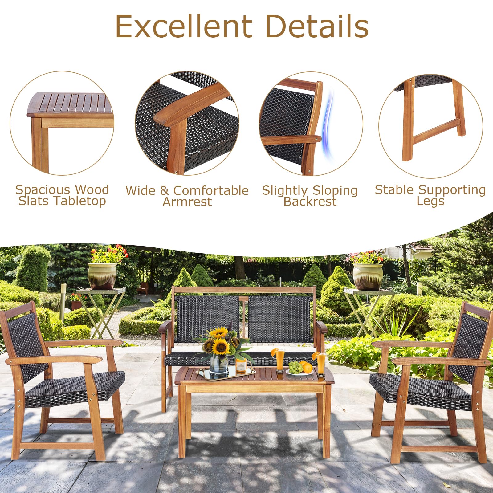 komfotteu-4-tlg-gartenm-bel-set-rattan-akazienholz-mit-2-sesseln-doppelstuhl-tis image 4
