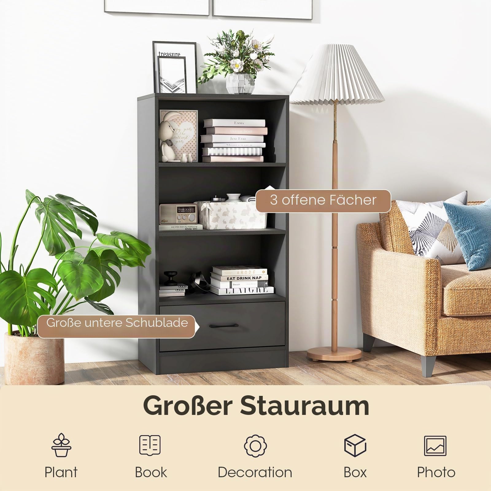 komfotteu-b-cherregal-holz-4-ebenen-120-cm-mit-schublade-grau image 4