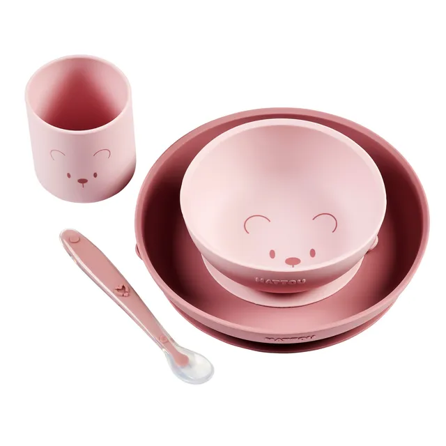 nattou-mealtime-b-r-geschirrset-silikon-4-teilig-rosa image 1