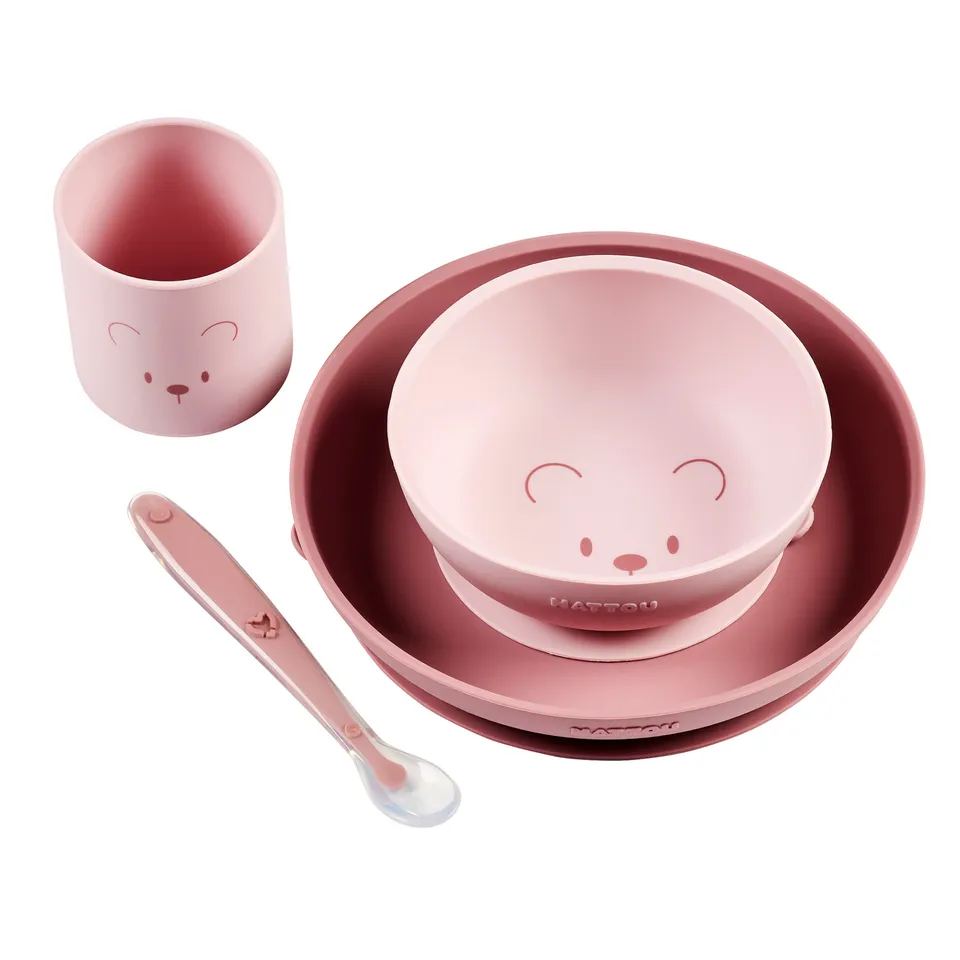 nattou-mealtime-b-r-geschirrset-silikon-4-teilig-rosa image 1