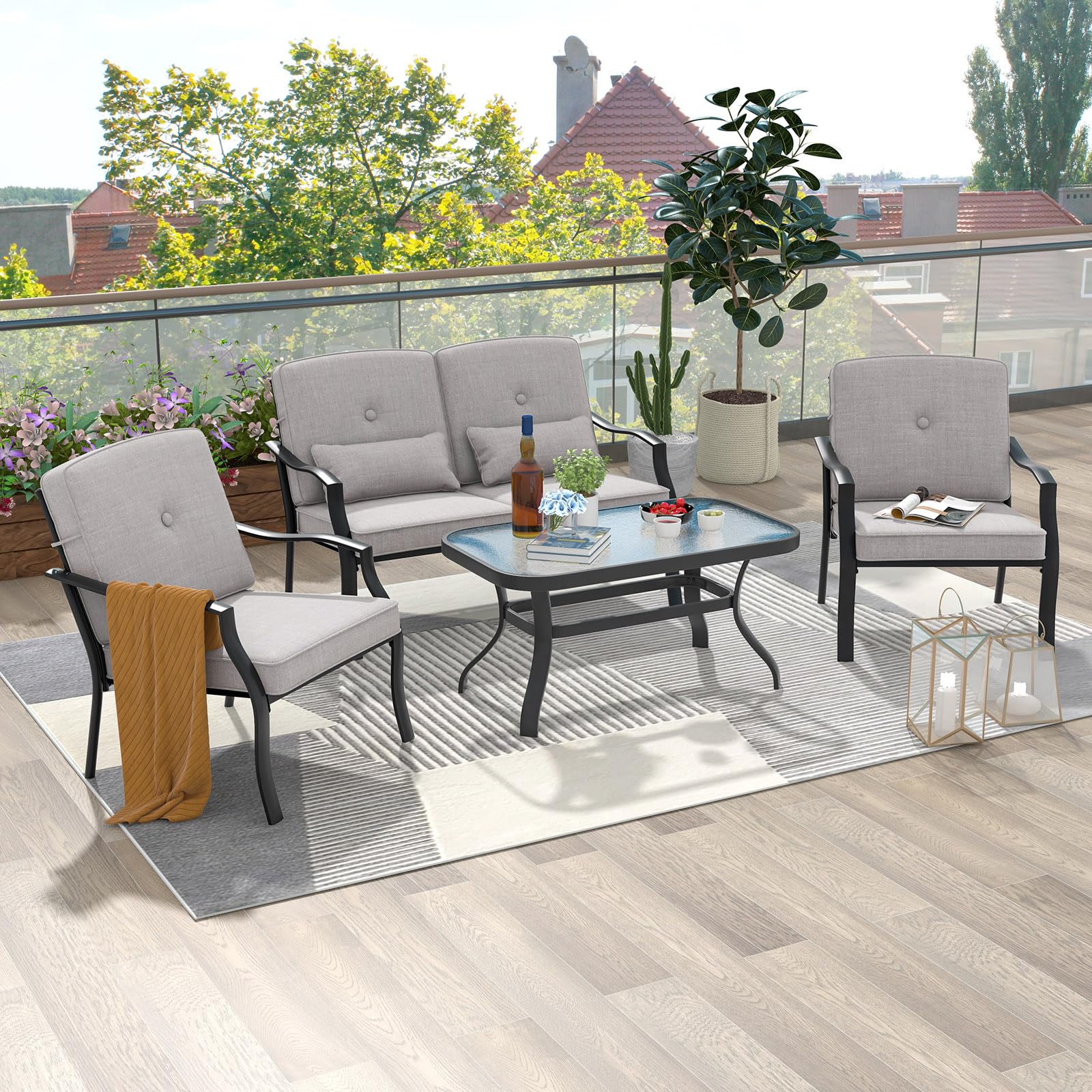 komfotteu-bistro-set-garten-4-teilig-polyester-und-metall-mit-tisch-grau image 2