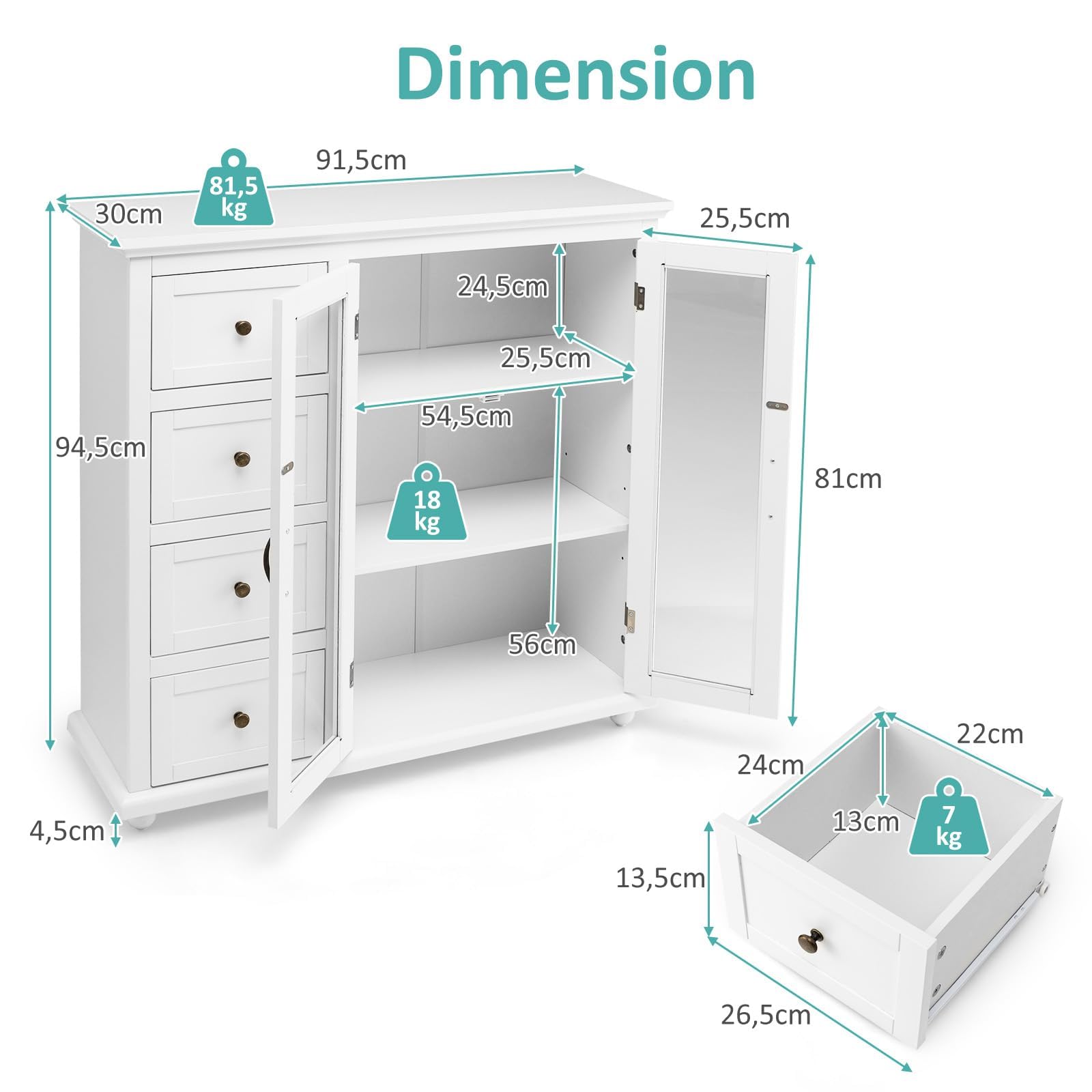 komfotteu-k-chenschrank-wei-91-5x30x94-5-cm-buffet-sideboard-mit-4-schubladen-gl image 3
