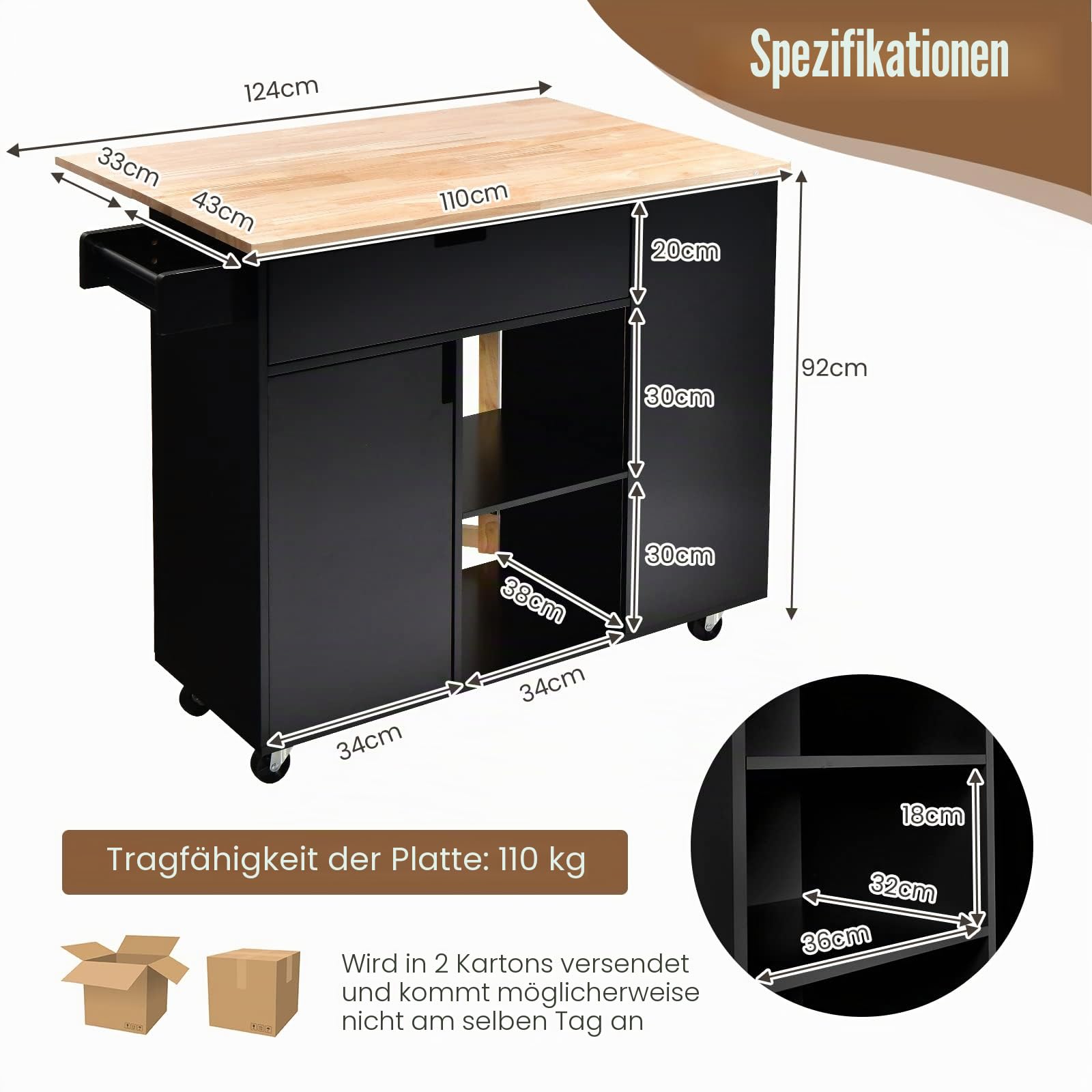komfotteu-k-chenwagen-k-cheninsel-holz-mit-ausziehbarer-arbeitsplatte-schwarz image 6