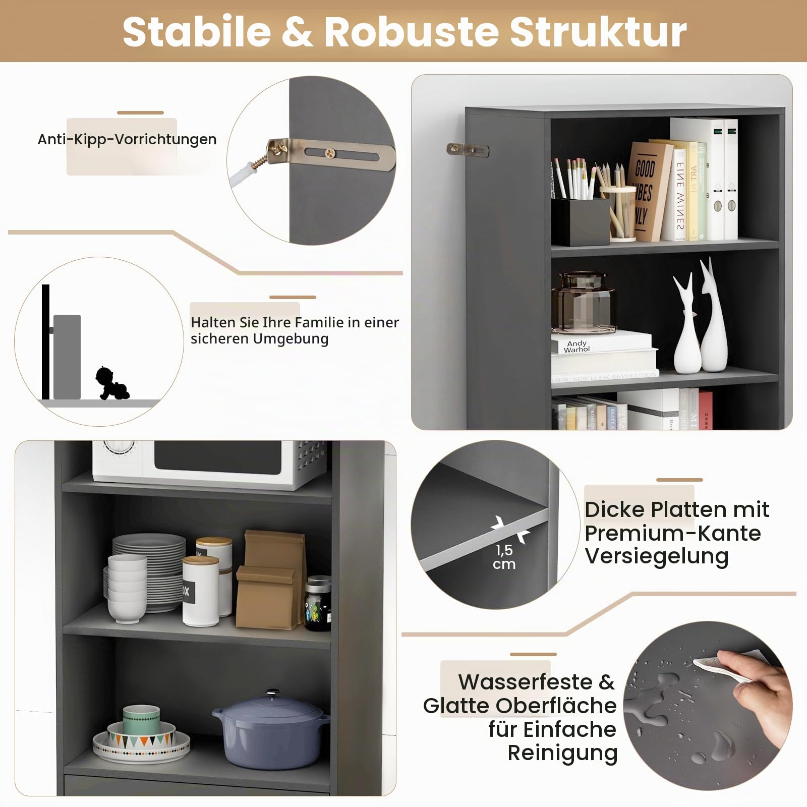 komfotteu-b-cherregal-holz-4-ebenen-120-cm-mit-schublade-grau image 6