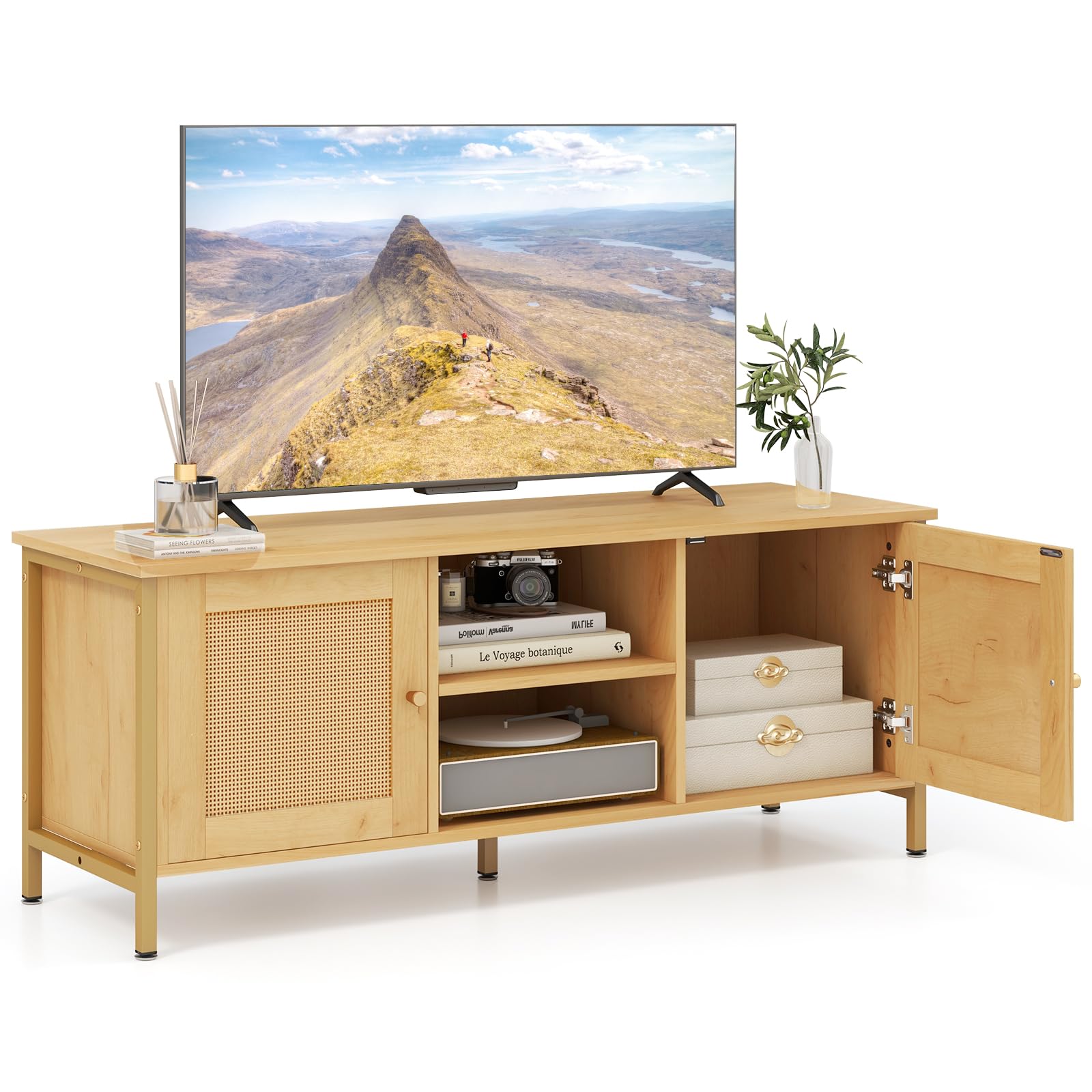 komfotteu-tv-schrank-rattan-f-r-tv-bis-55-zoll-lowboard-holz-metall-120x40x48-cm image 1