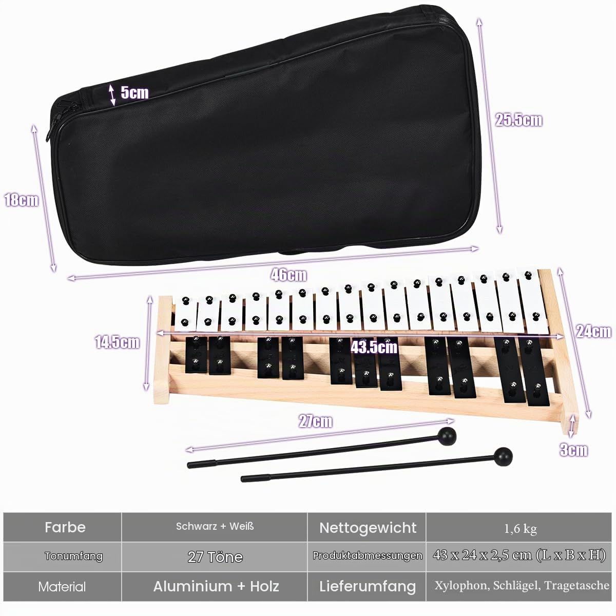 komfotteu-xylophon-27-noten-glockenspiel-metall-mit-holzsockel-schl-geln-tasche image 5
