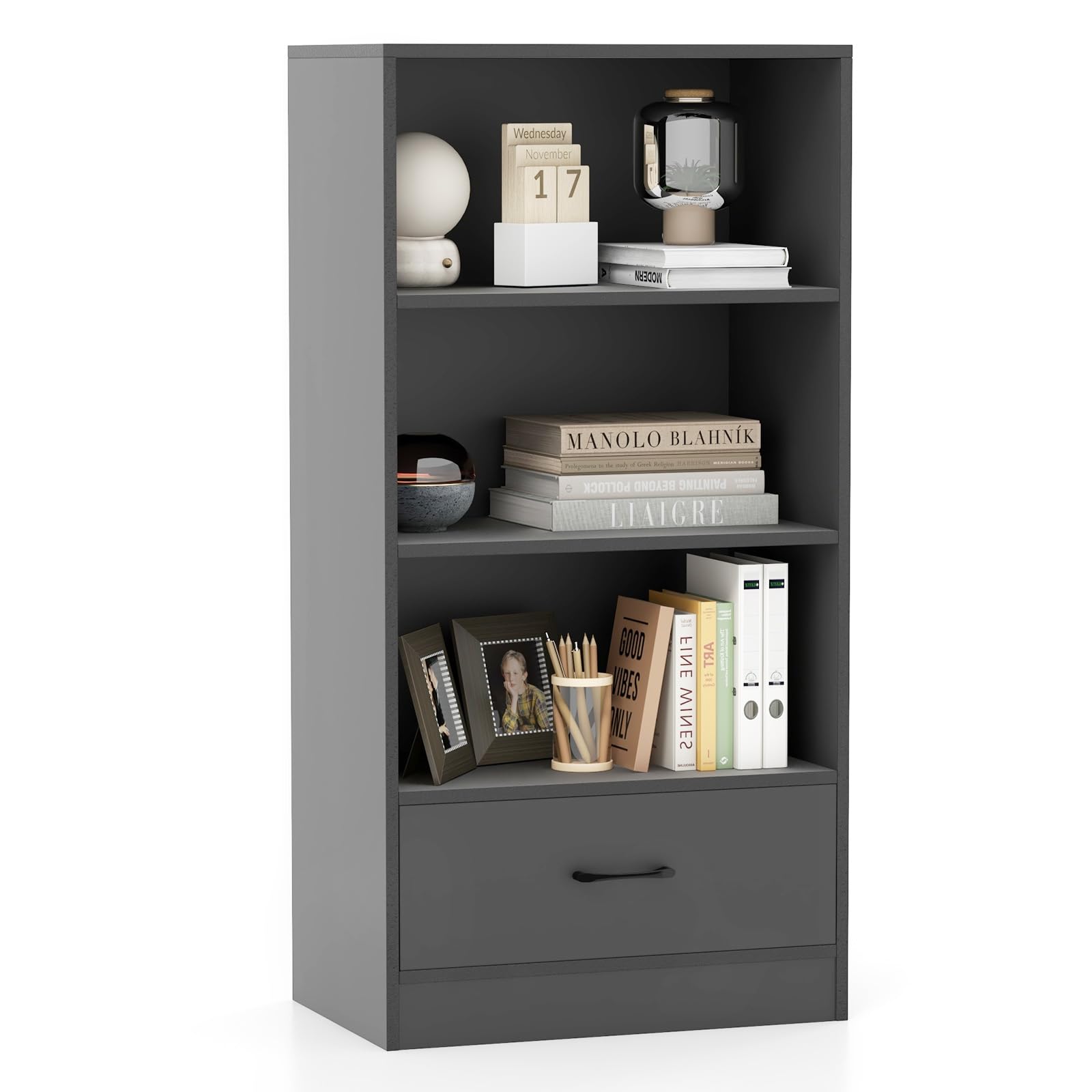 komfotteu-b-cherregal-holz-4-ebenen-120-cm-mit-schublade-grau image 1