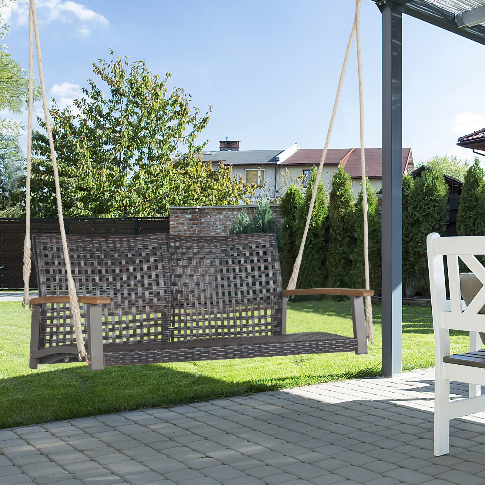 komfotteu-h-ngebank-aus-rattan-f-r-2-personen-bis-360-kg-mit-akazienholzgel-nder image 7
