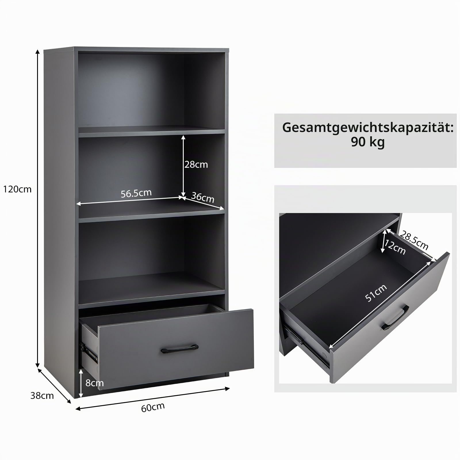 komfotteu-b-cherregal-holz-4-ebenen-120-cm-mit-schublade-grau image 3