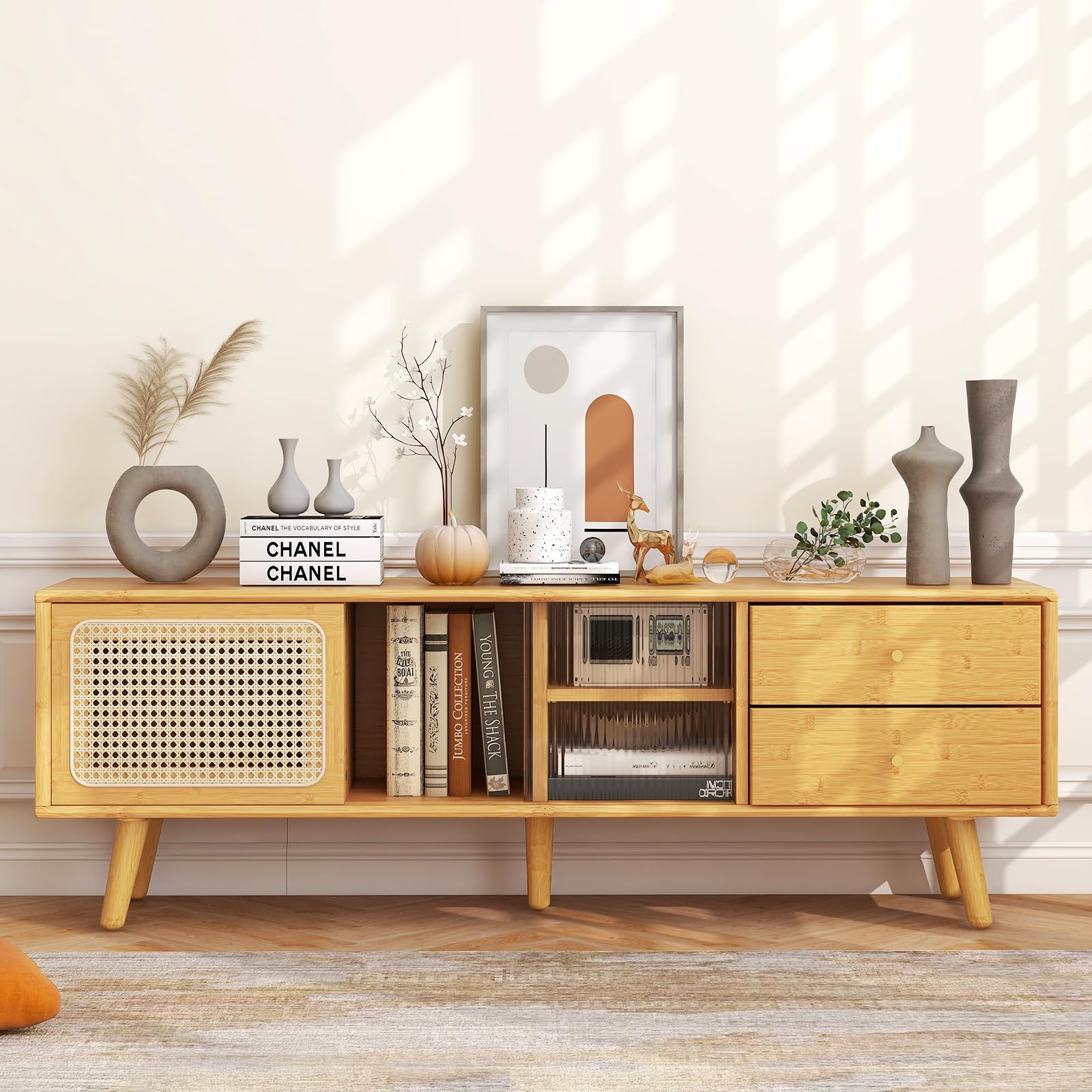 komfotteu-tv-schrank-aus-bambus-bis-65-zoll-mit-2-schubladen image 2