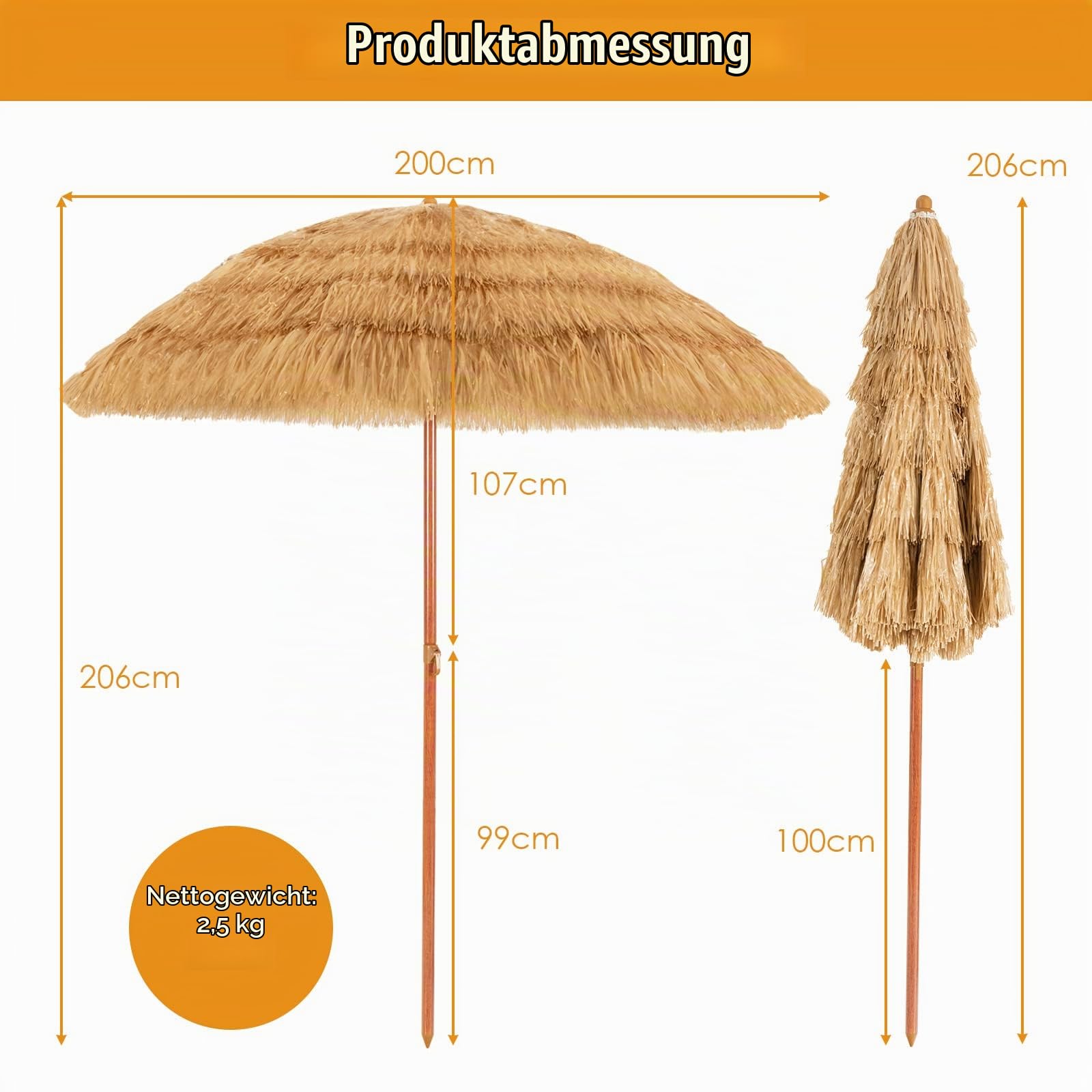 komfotteu-sonnenschirm-strand-200-cm-hawaiischirm-bast-knickbar-tiki image 6