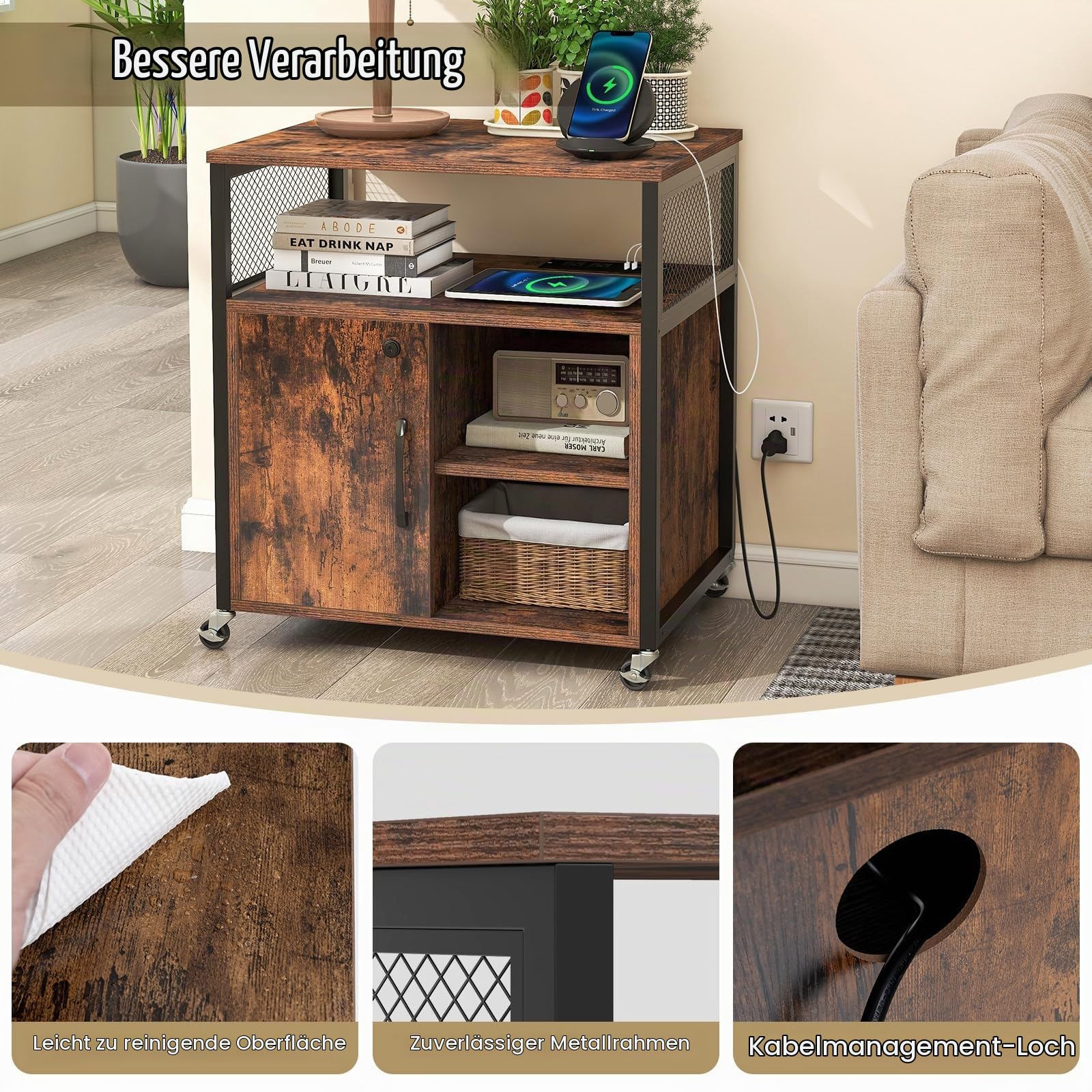 komfotteu-rollcontainer-braun-mit-ladestation-usb-typ-c-und-schloss image 4