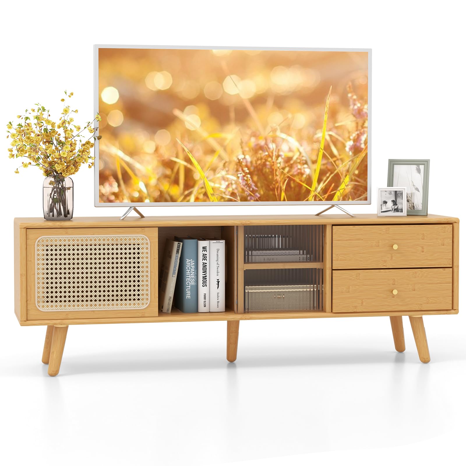 komfotteu-tv-schrank-aus-bambus-bis-65-zoll-mit-2-schubladen image 1