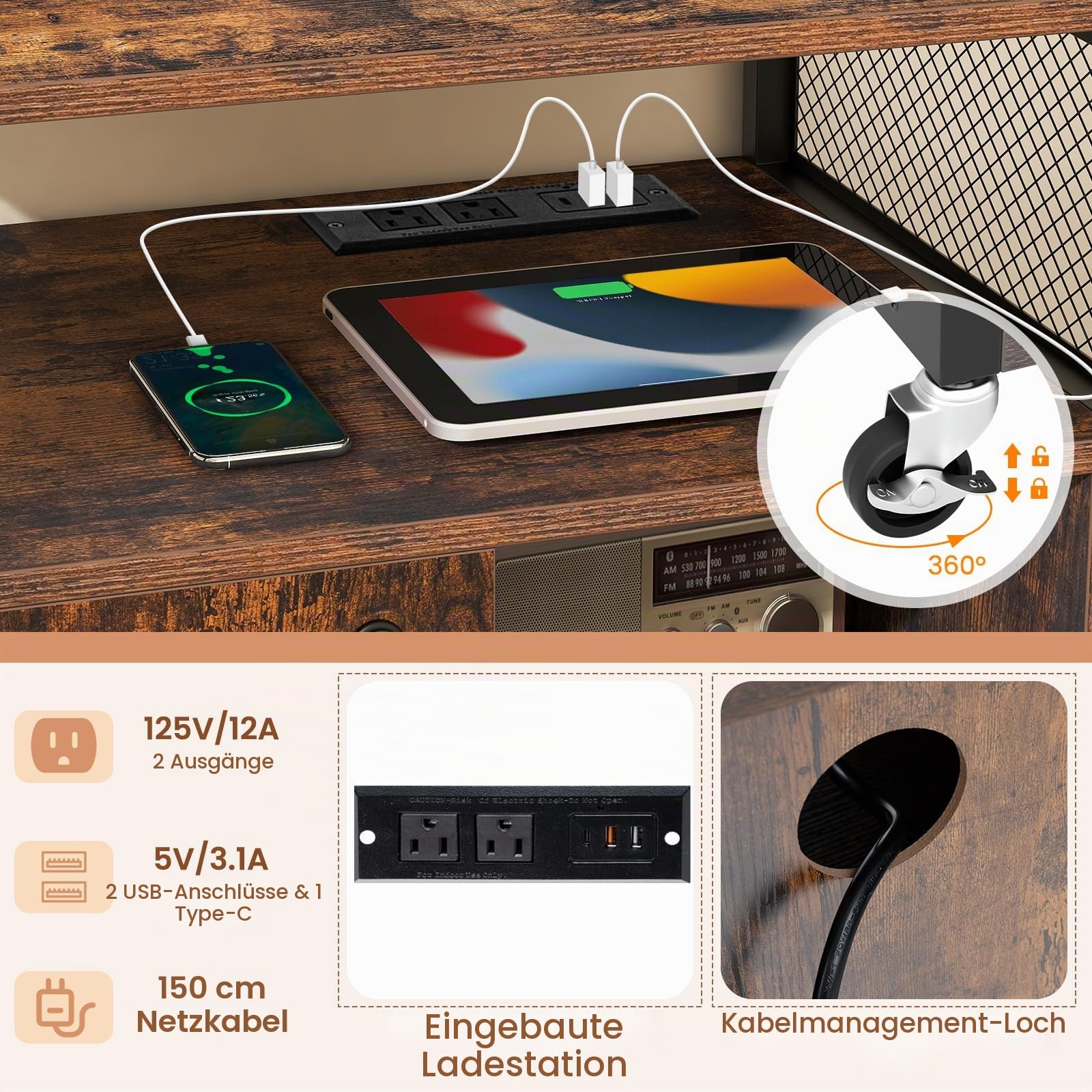 komfotteu-rollcontainer-braun-mit-ladestation-usb-typ-c-und-schloss image 6
