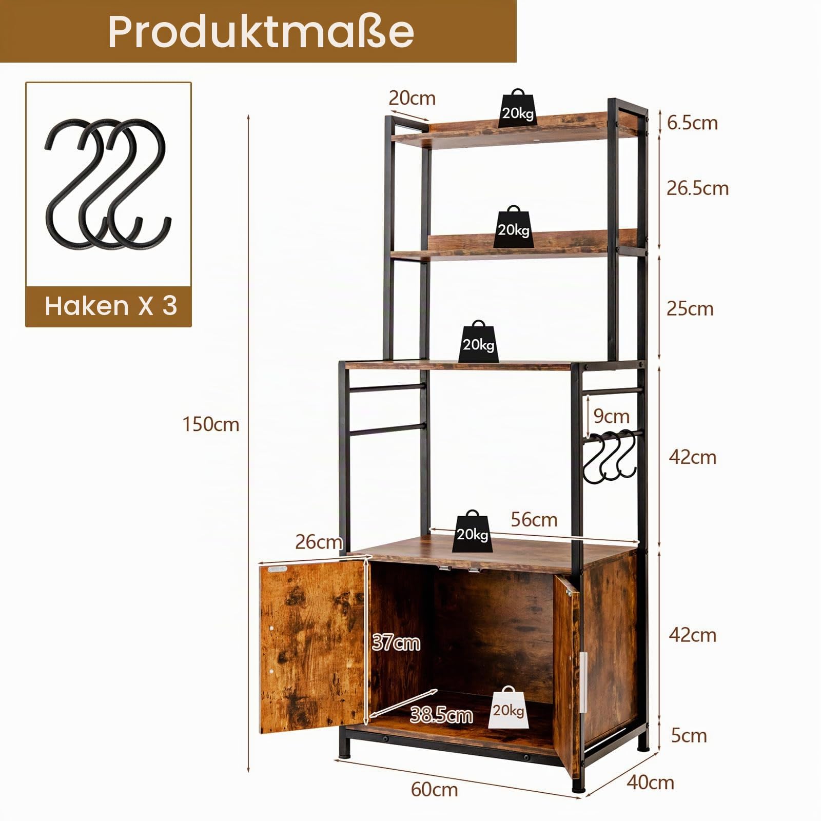 komfotteu-k-chenregal-4-ebenen-60x40x150-cm-b-ckerregal-vintage-braun image 3