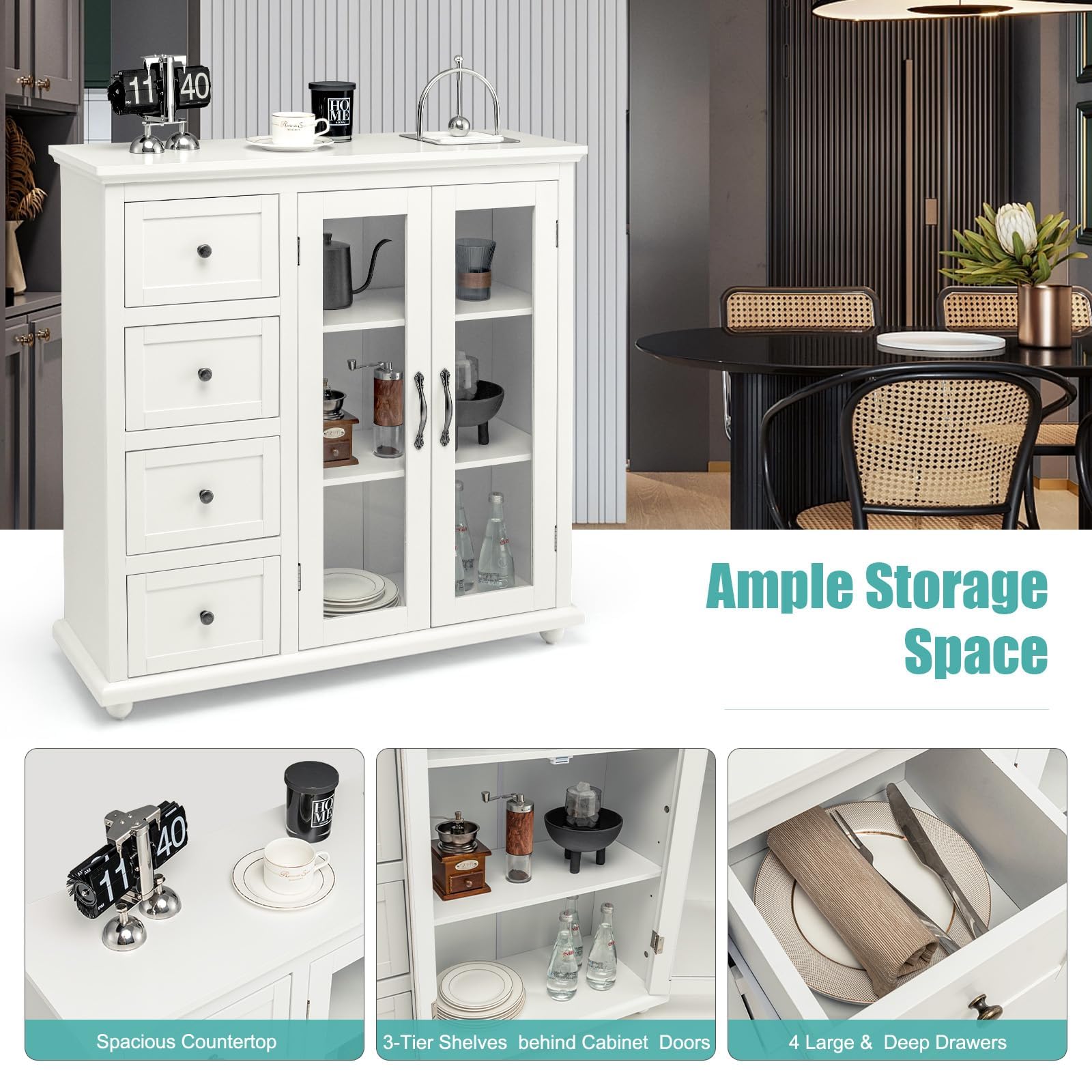 komfotteu-k-chenschrank-wei-91-5x30x94-5-cm-buffet-sideboard-mit-4-schubladen-gl image 6