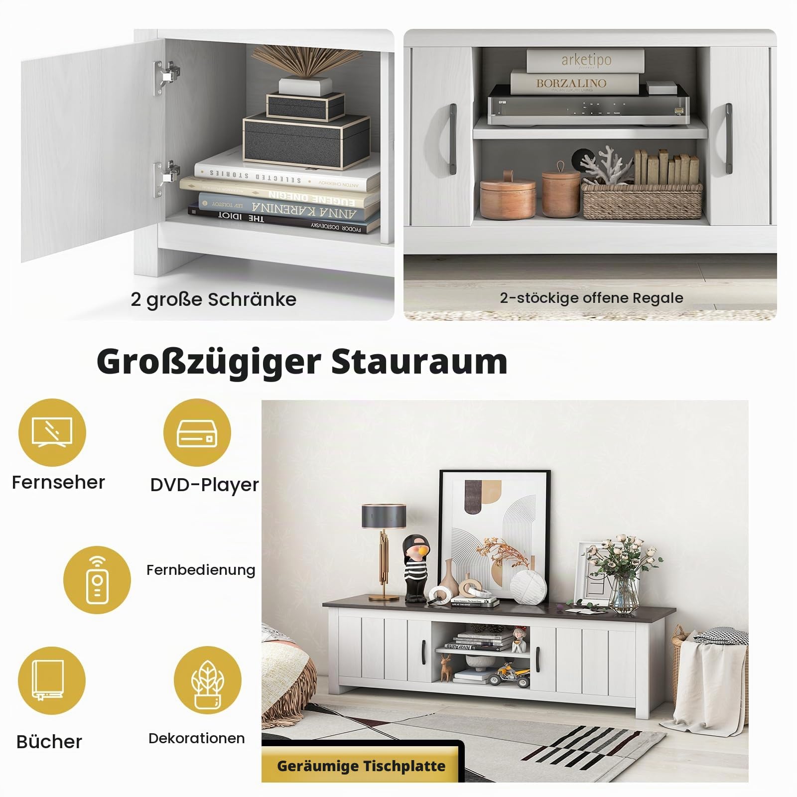 komfotteu-fernsehtisch-bis-65-zoll-mit-2-schr-nken-145x40x50cm-wei-braun image 3