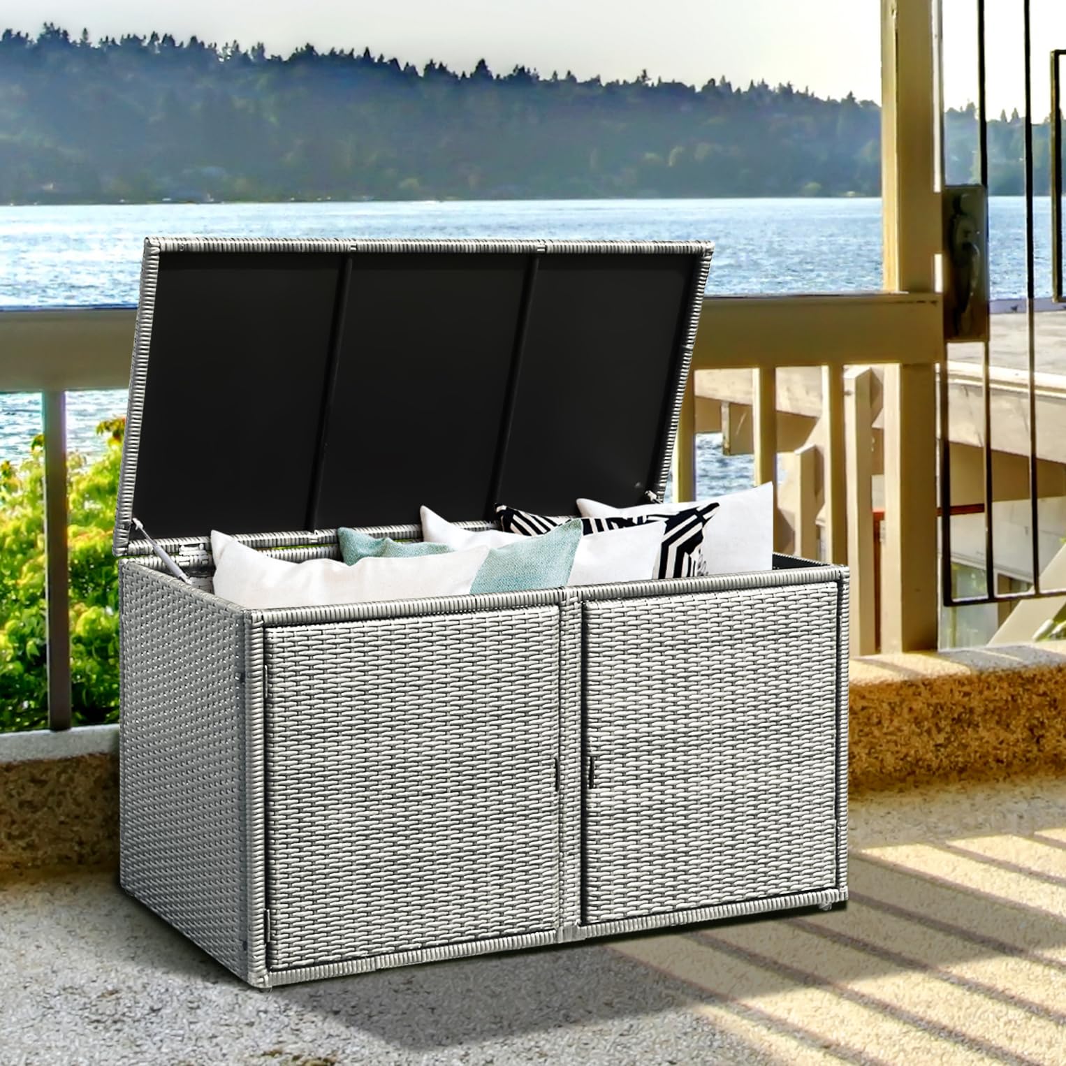 komfotteu-rattan-auflagenbox-aufbewahrungstruhe-g-rtnerschrank-2-st-ckig-grau image 2