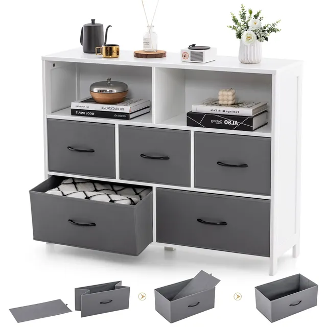 komfotteu-kommode-mit-5-schubladen-100-x-30-x-78-cm-mit-offenen-regalen image 1