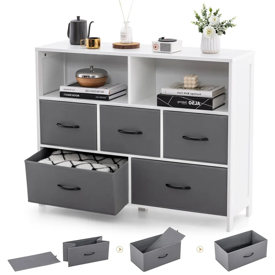 komfotteu-kommode-mit-5-schubladen-100-x-30-x-78-cm-mit-offenen-regalen image 1