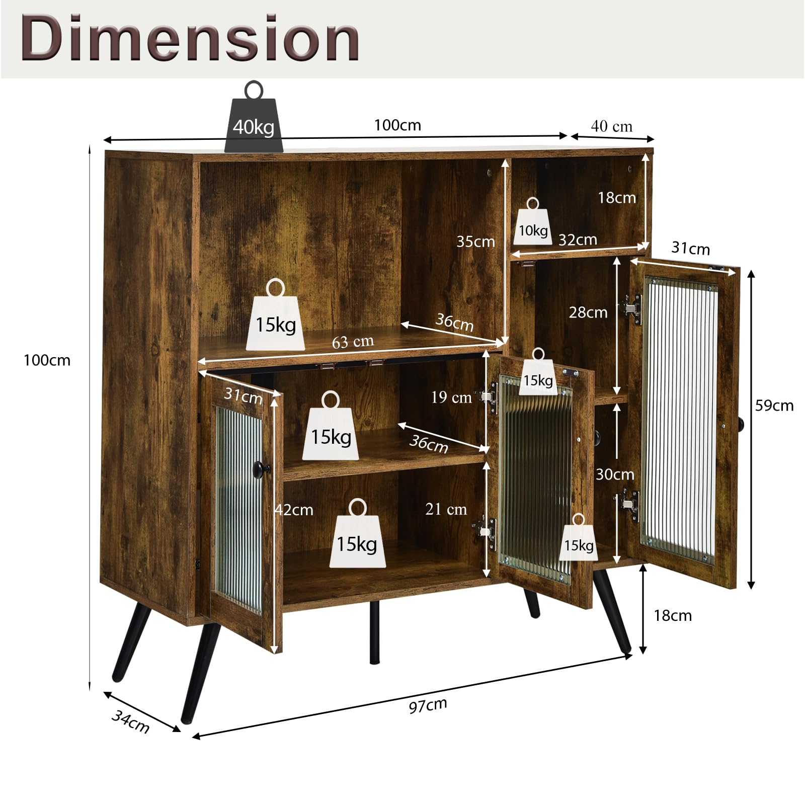 komfotteu-buffet-sideboard-mit-3-glast-ren-100x39-5x100-cm-braun image 3