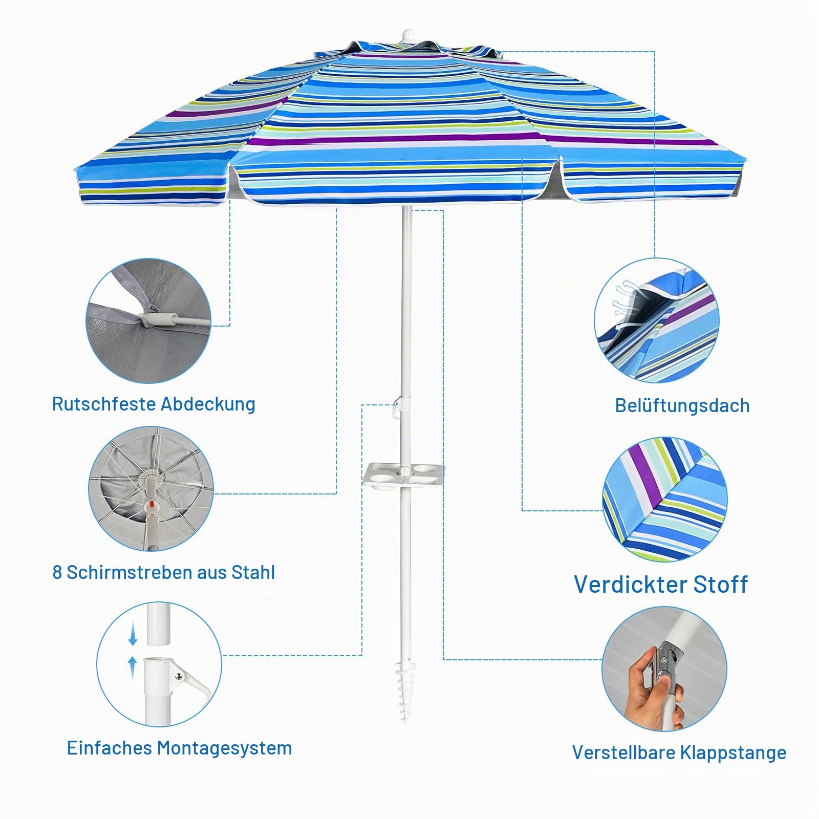 komfotteu-sonnenschirm-200-cm-strandschirm-mit-becherhalter image 4