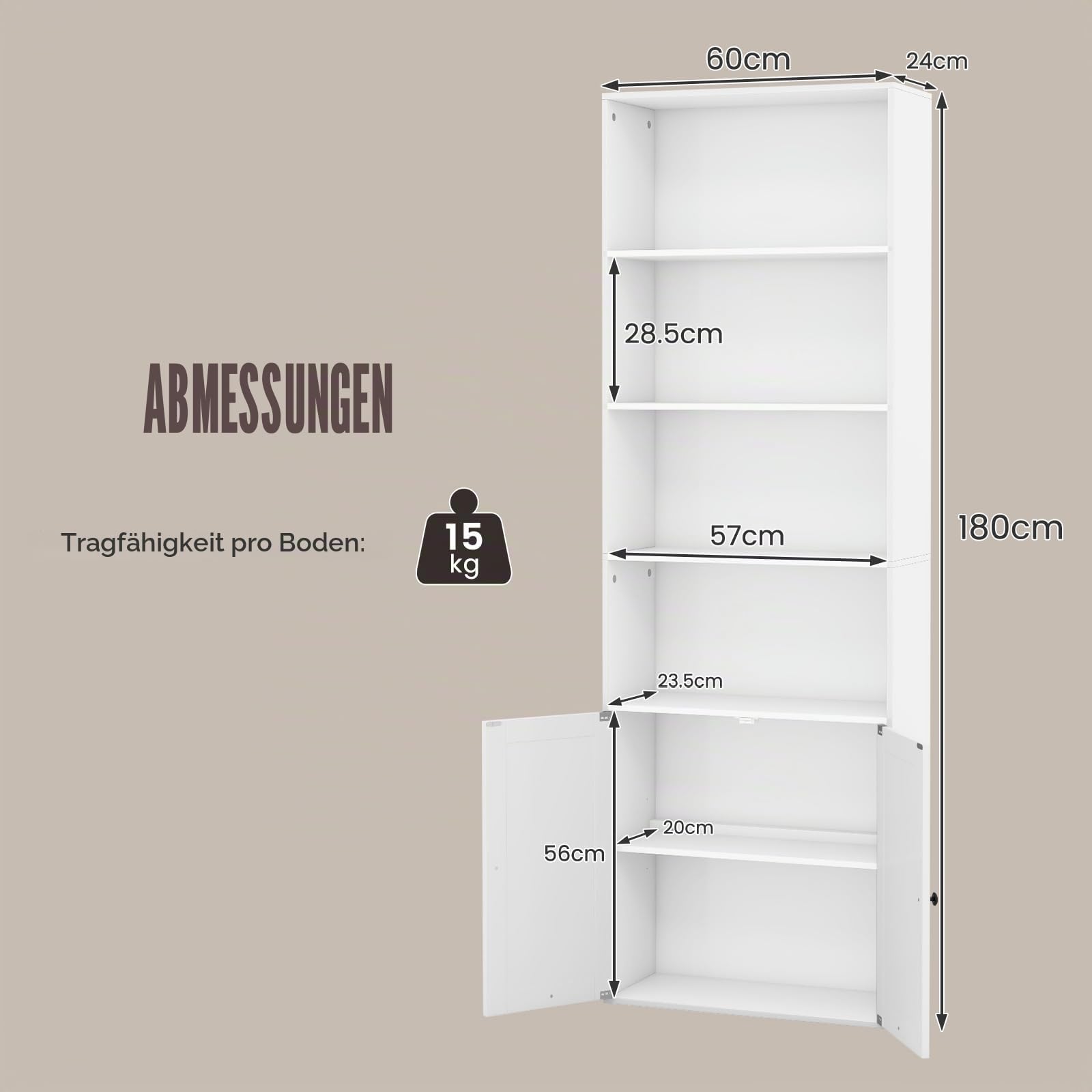 komfotteu-b-cherregal-holz-mit-t-rschrank-6-regale-60x24x180cm-wei image 3