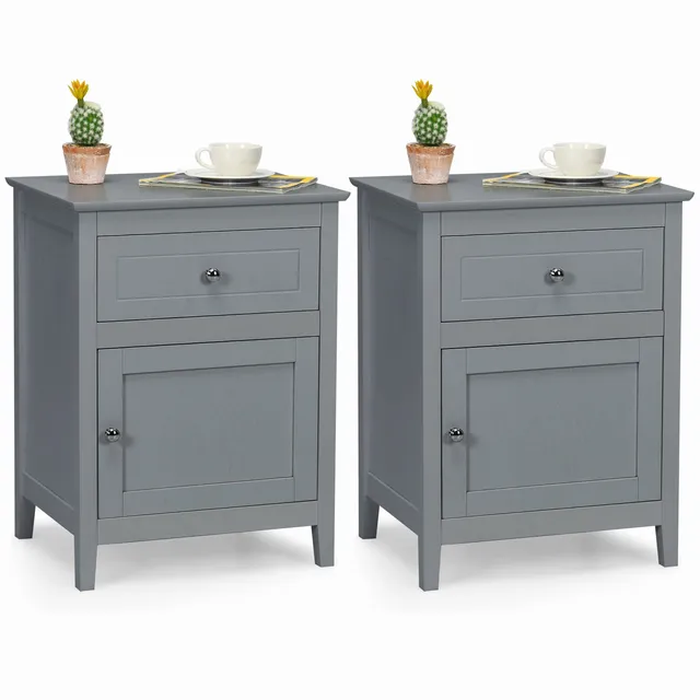komfotteu-nachttisch-aus-holz-2er-set-grau-mit-schublade-schrank image 1