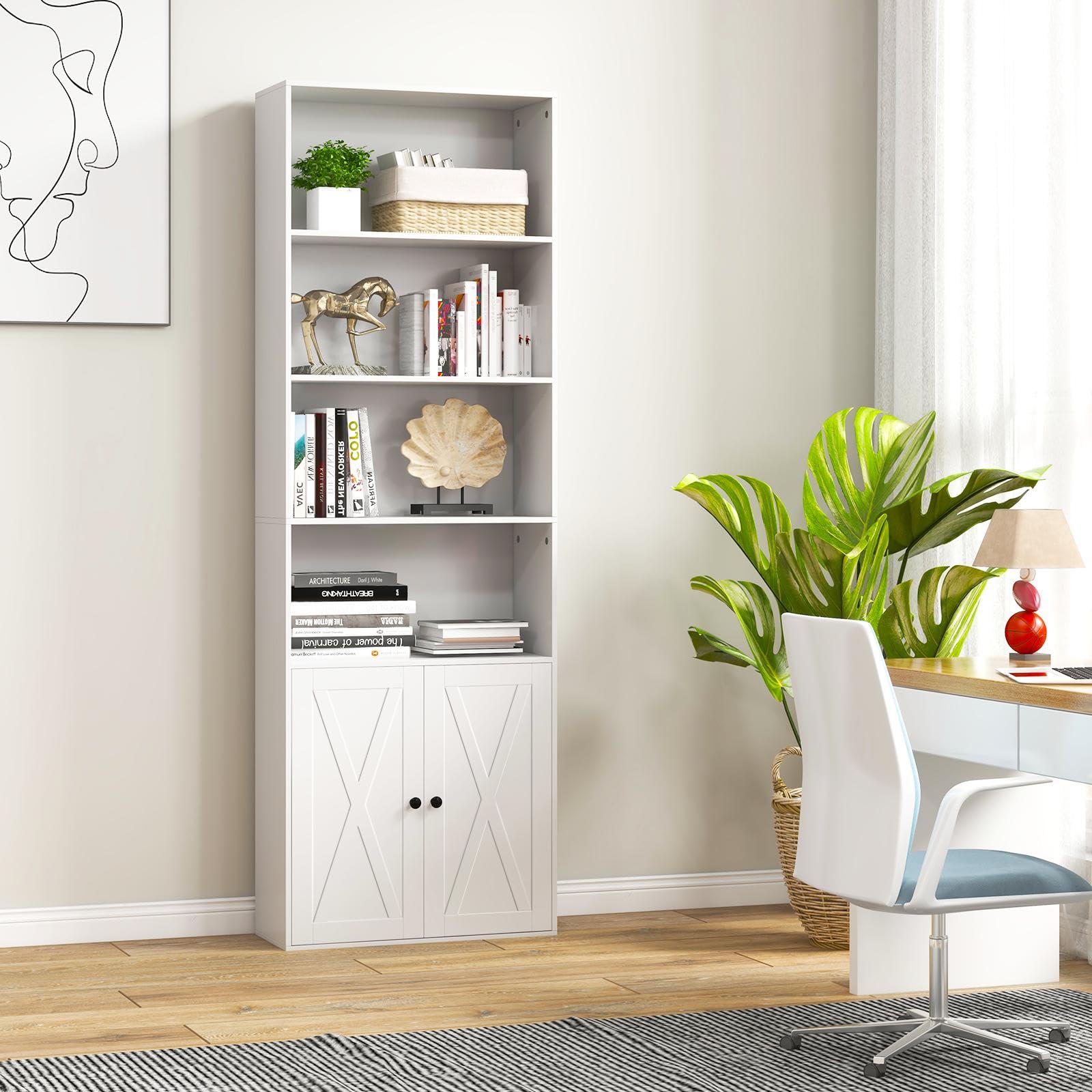komfotteu-b-cherregal-holz-mit-t-rschrank-6-regale-60x24x180cm-wei image 7