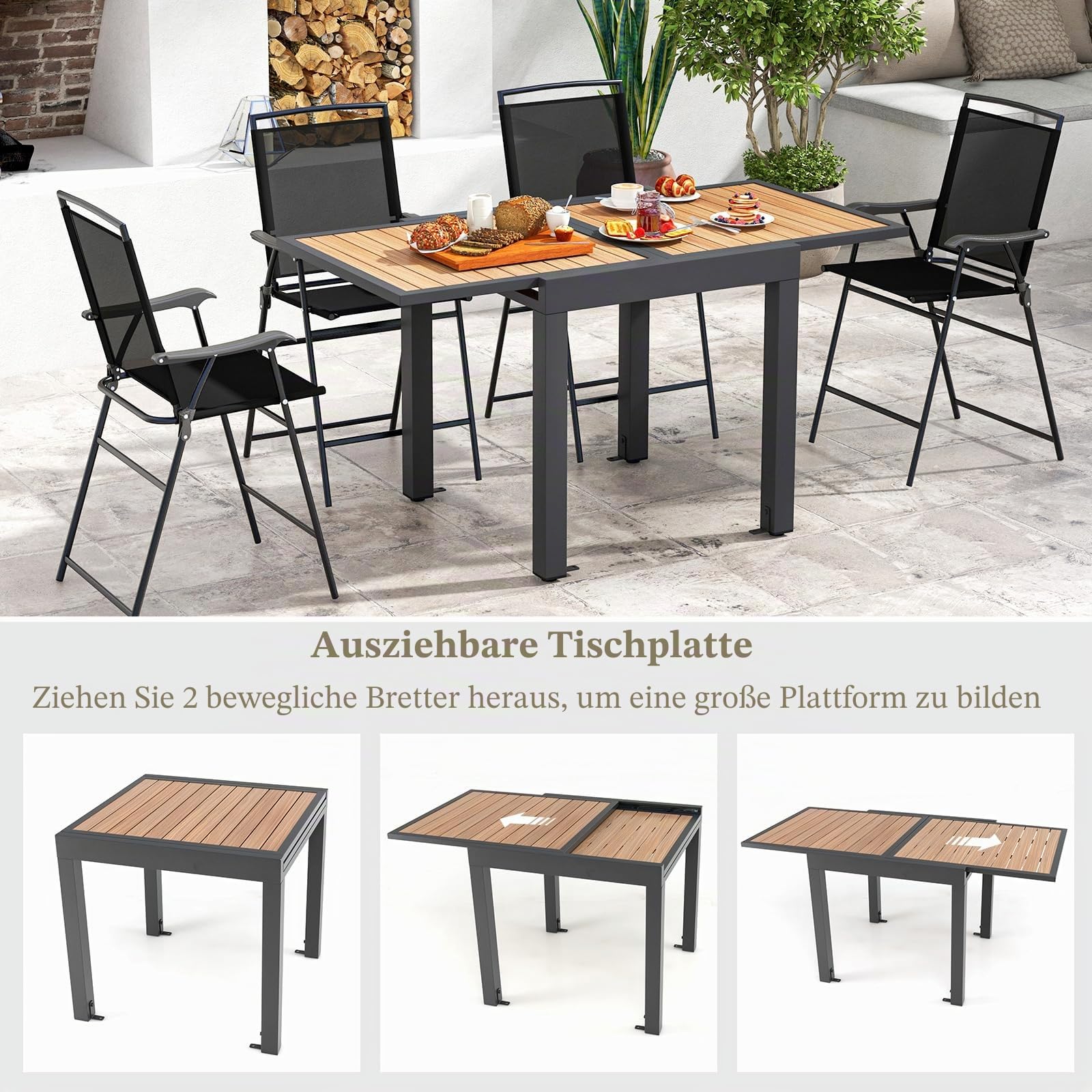 komfotteu-gartentisch-ausziehbar-80-160-cm-aluminium-holzmaserung-grau image 4