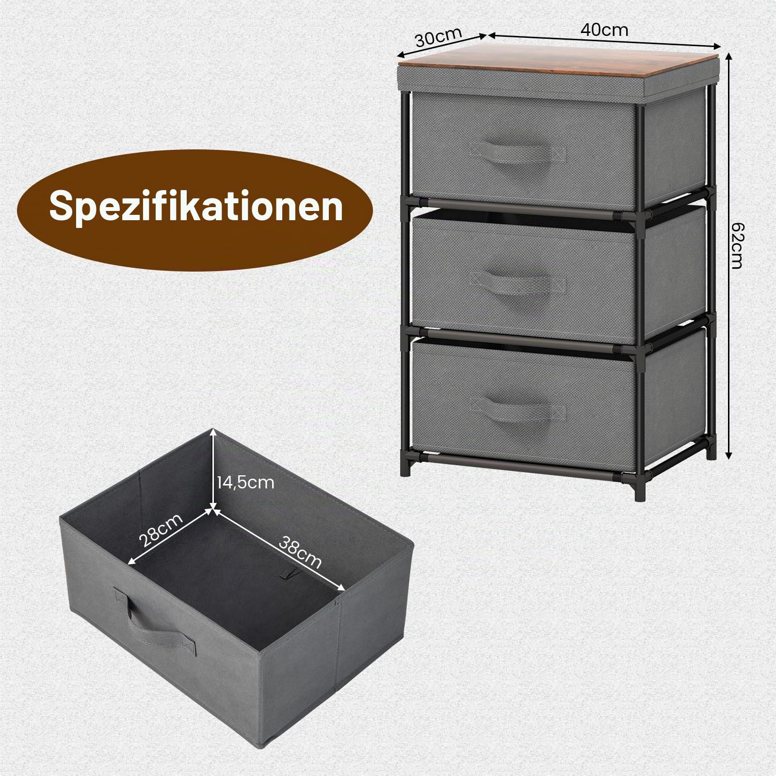 komfotteu-kommode-mit-3-schubladen-aus-stoff-metallrahmen-grau image 3